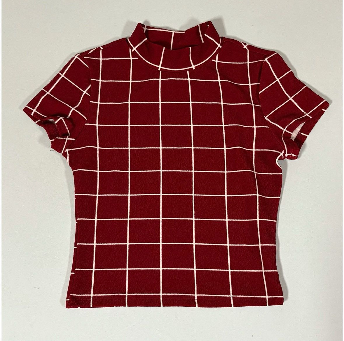 Vintage Red Grid Checkered Mock-Neck Turtleneck Shirt Blouse XS 🤍♥️ Size XS / US 0-2 / IT 36-38 - 2 Thumbnail