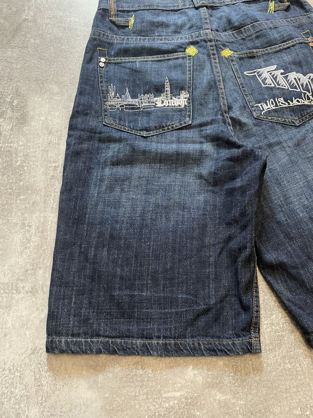 Time is Money Embroidered Logo Jnco Style Baggy Denim Shorts