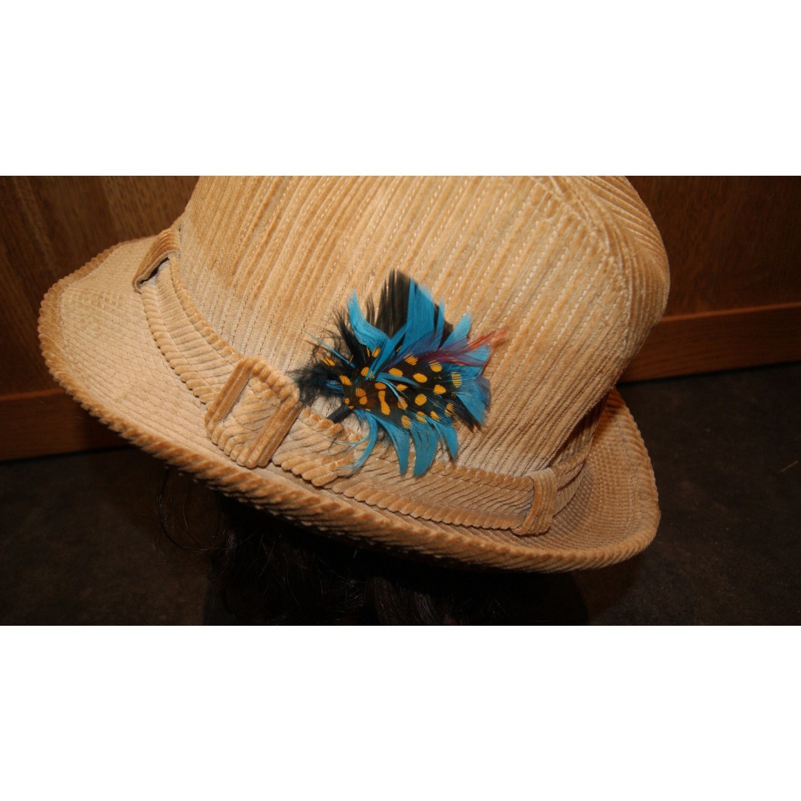 Vintage VTG Dobbs Fifth Avenue Hat Tan Corduroy Feather Fedora Men 7 Size ONE SIZE - 6 Thumbnail