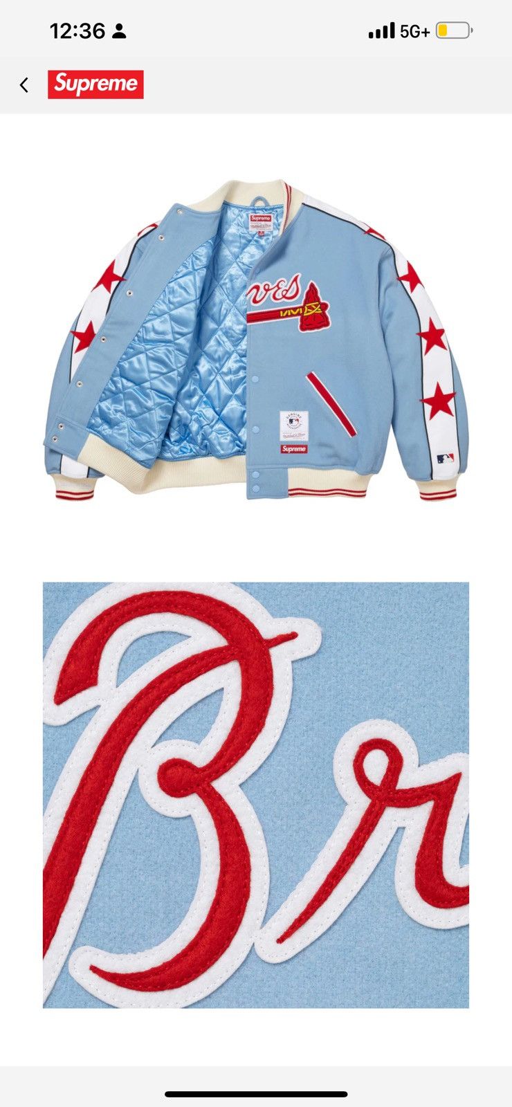 Mitchell & Ness × Supreme Altanta Braves Supreme Varsity Jacket Size US L / EU 52-54 / 3 - 5 Thumbnail