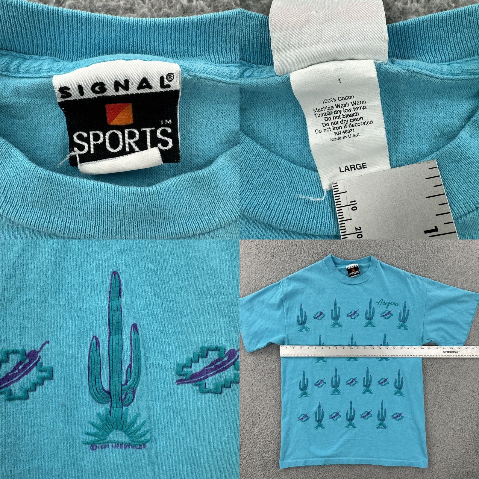 Vintage VINTAGE Signal Sport Mens L Shirt 1991 Puffy Print Arizona Blue Crew Neck Short Sleeve USA 80s Mens Size US L / EU 52-54 / 3 - 8 Thumbnail