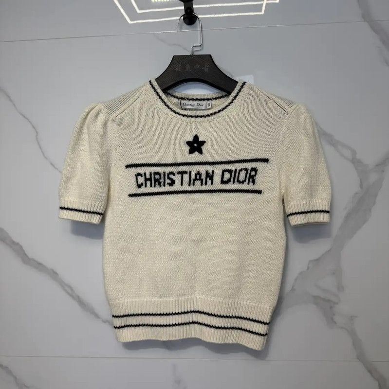 Dior Dior Cream Wool Logo Short-Sleeve Sweater 0089 Size L / US 10 / IT 46 - 1 Thumbnail