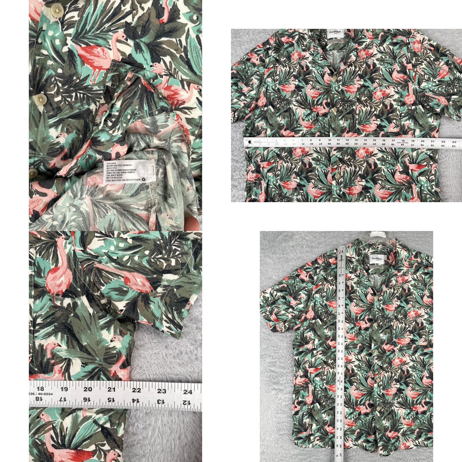 Vintage Goodfellow & Co Shirt Mens Large Green Pink Flamingo AOP Hawaiian Button Rayon Size US L / EU 52-54 / 3 - 8 Thumbnail