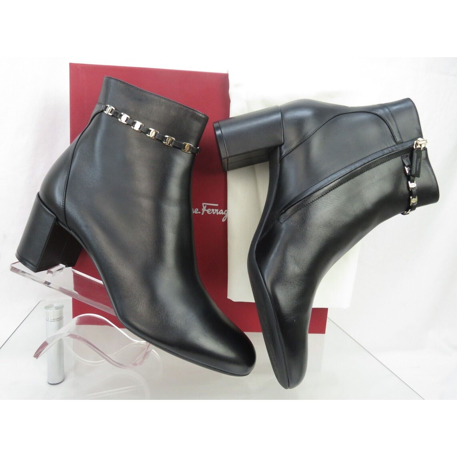Salvatore Ferragamo GHILA BLACK LEATHER GANCINI CHAIN ZIP HEEL ANKLE BOOTS 11 C Size US 11 / IT 41 - 1 Thumbnail