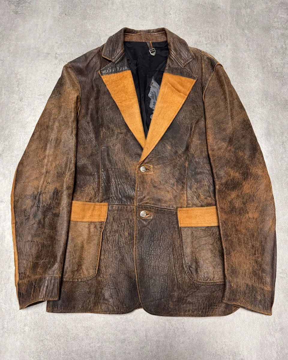 Just Cavalli × Vintage 2000s Cavalli Raw Brown Leather Suit Jacket Size US S / EU 44-46 / 1 - 1 Thumbnail