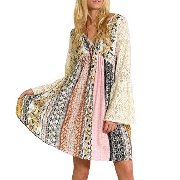 Other Mixed Print Lace Bell Sleeve Mini Dress | Boho Coastal Cowgi Size S / US 4 / IT 40 - 11 Thumbnail