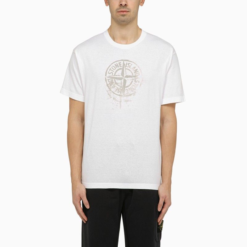 image of Stone Island White T-Shirt With Logo Print, Men's (Size Small)