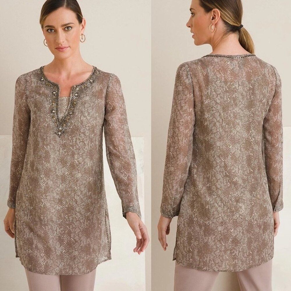 Chicos Chico’s Chiffon Embellished Tunic Snake Print Top Size 3 US Size XL / US 12-14 / IT 48-50 - 2 Thumbnail