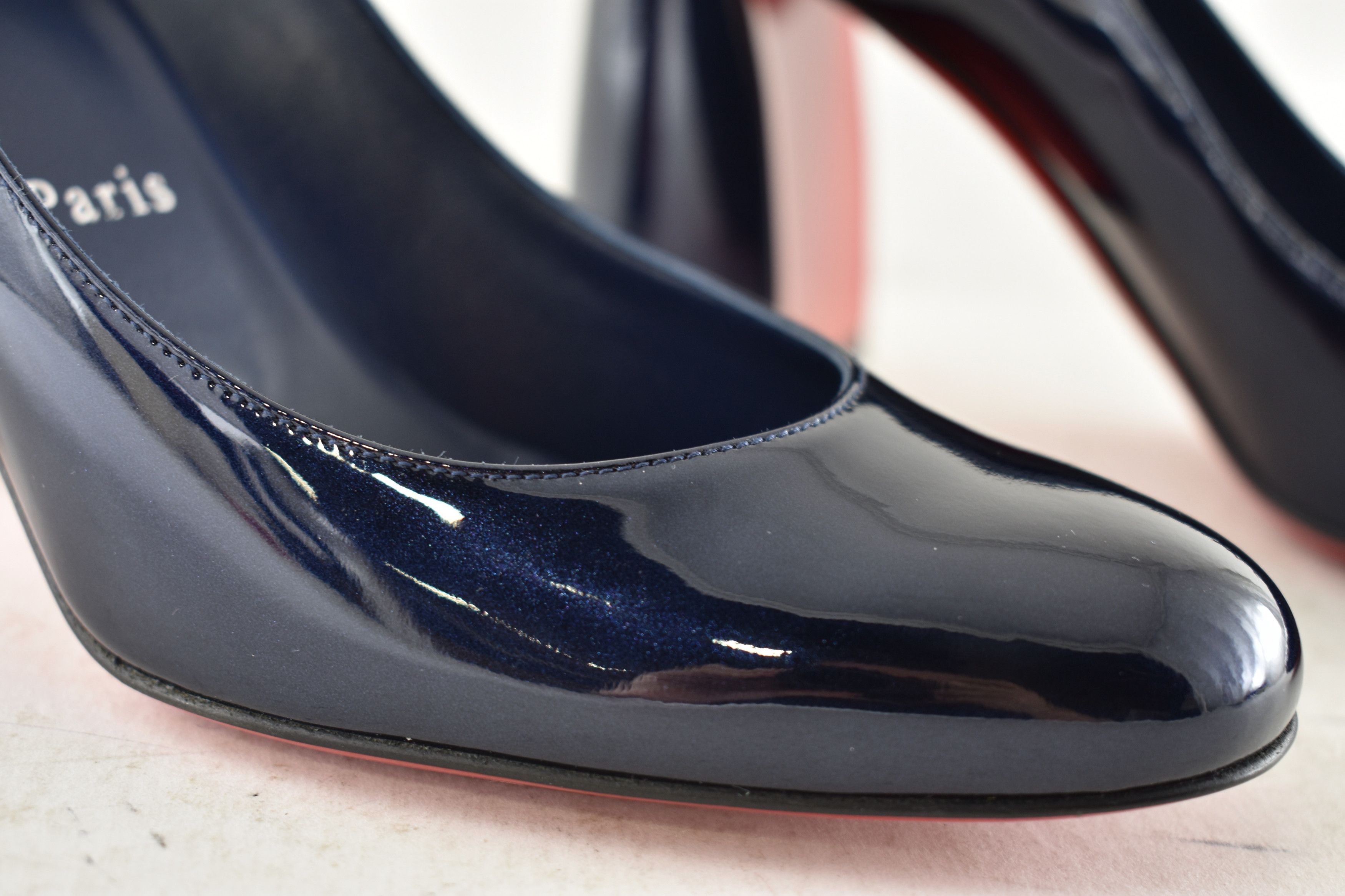 Christian Louboutin Miss Sab 85 Zaffiro Navy Blue Patent Block Heel Pump 37 Size US 7 / IT 37 - 8 Thumbnail