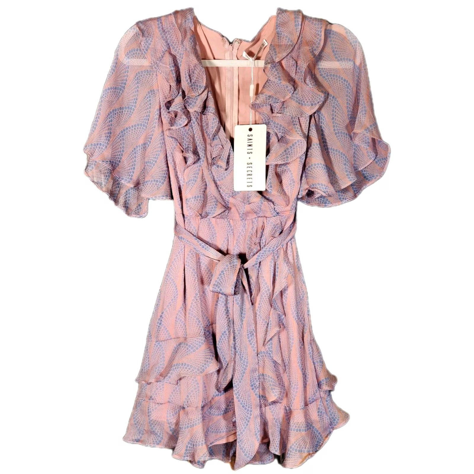 Vintage Saints + Secrets Tie Front Short Sleeve Ruffle Mini Dress Rose / Blue Women's S New Size 28" / US 6 / IT 42 - 5 Thumbnail