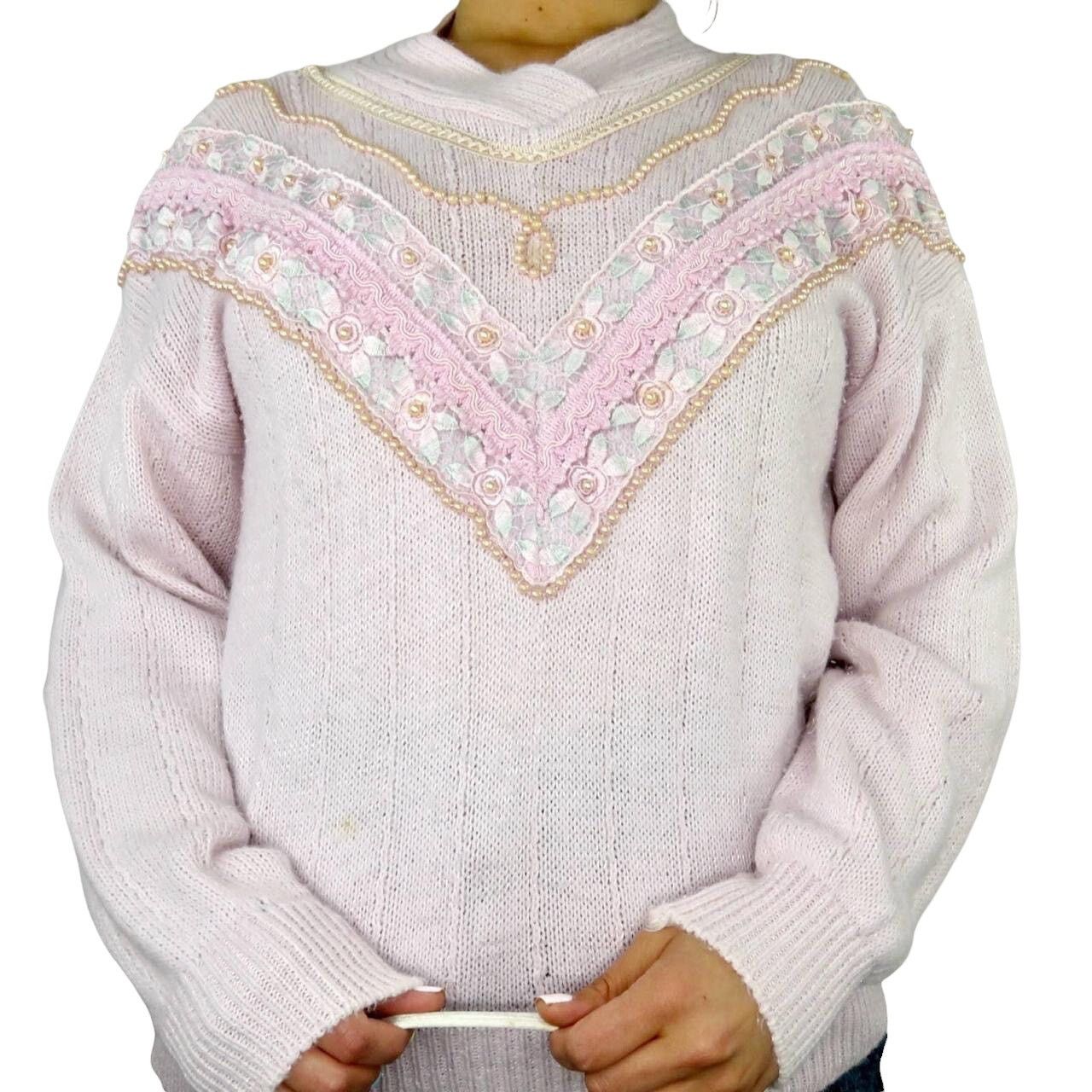 Vintage Vintage Pink Beaded Embroidered Sweater Large Grandmacore Size L / US 10 / IT 46 - 5 Thumbnail