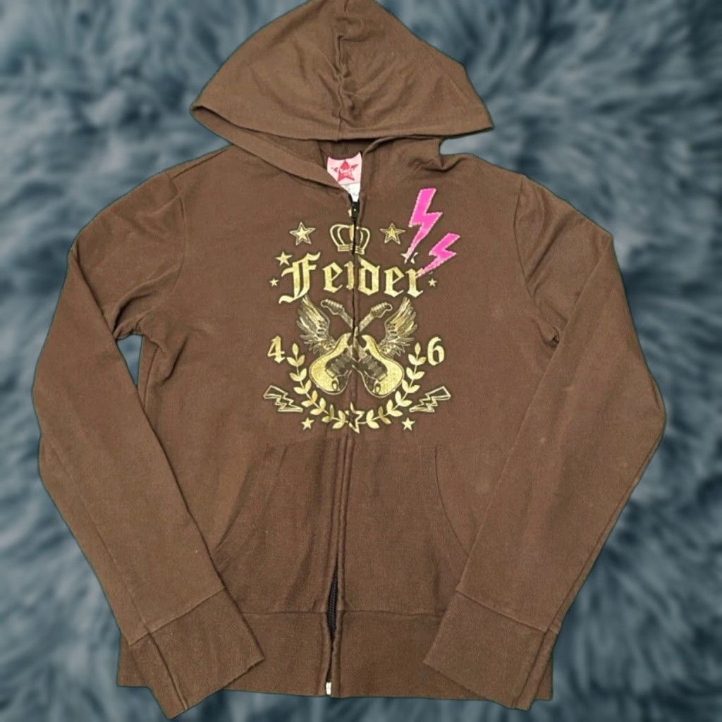 Fender VINTAGE Fender Wings Rock Punk Grunge VTG Hoodie Jacket Womens Size M Brown Full Zip Hooded Guitar Emo Y2K Size M / US 6-8 / IT 42-44 - 1 Thumbnail
