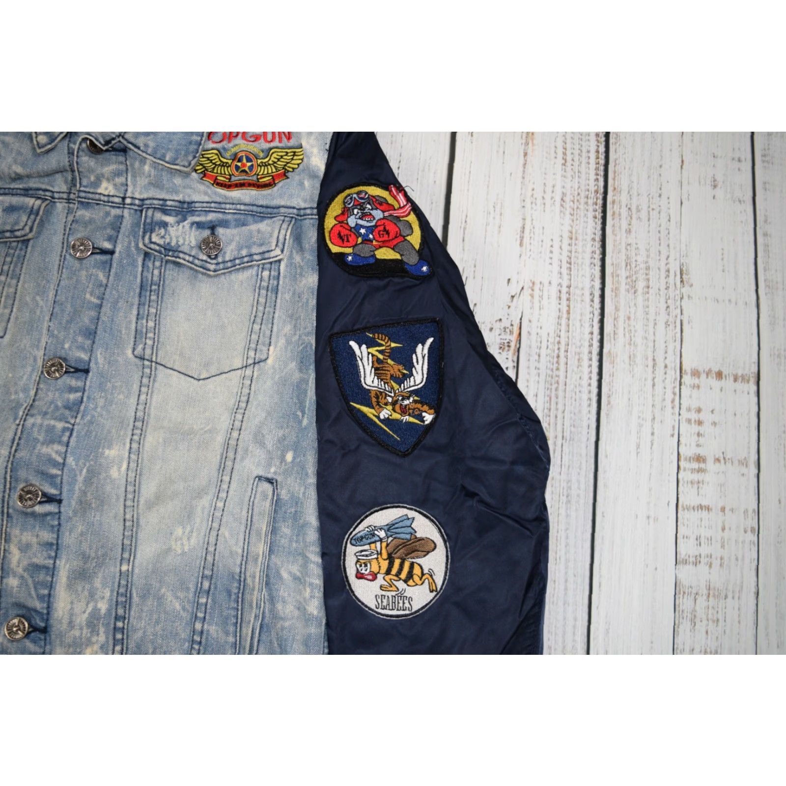 Denime TOP GUN DENIM NYLON JACKET MEN L denim patch Embroidered Logo Bomber Navy USA Vintage: No (but avoid N/A) Size US L / EU 52-54 / 3 - 5 Thumbnail