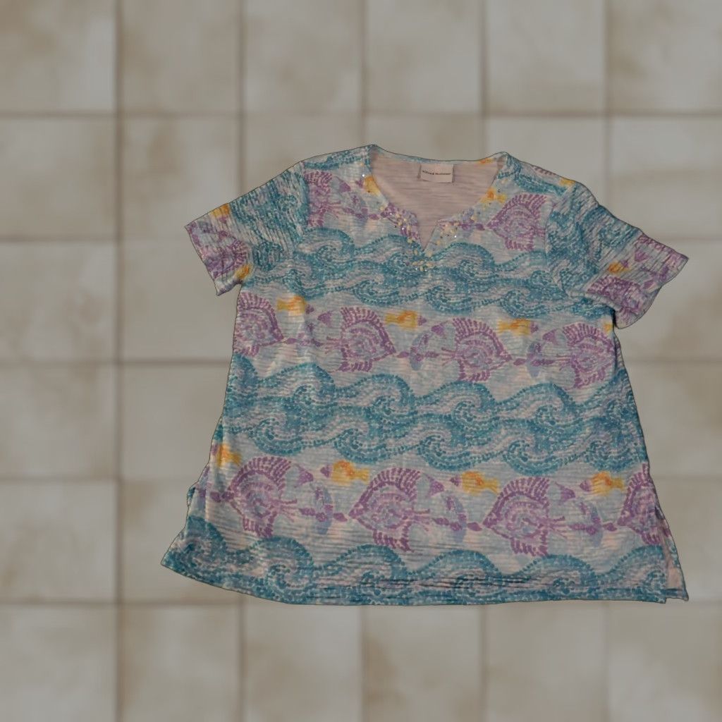 Vintage Alfred Dunner Shirt Womens XL Blue Tropical Fish V Neck Embellished Rhinestone Beach Nautical Summer Size XL / US 12-14 / IT 48-50 - 1 Thumbnail