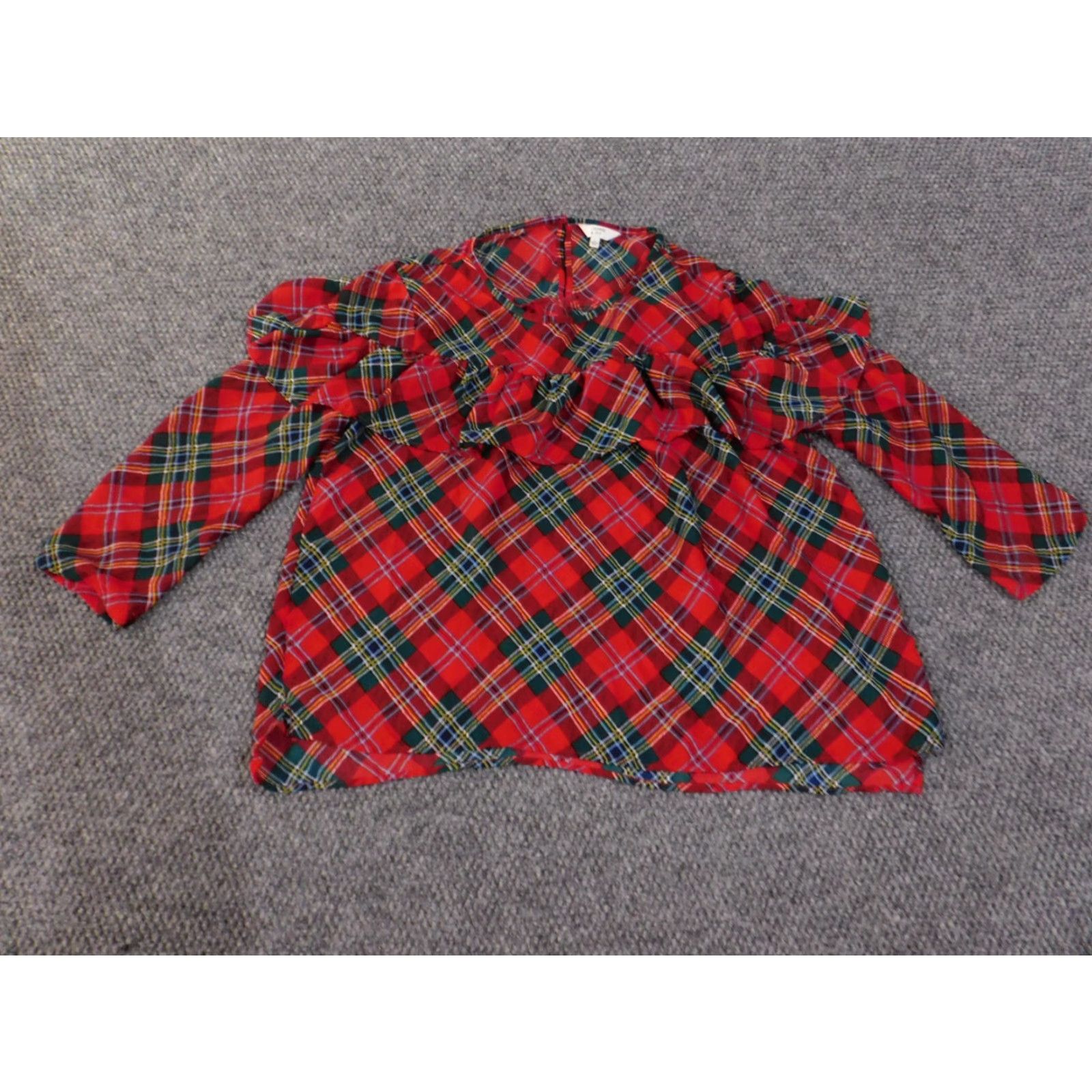 Vintage Crown & Ivy Blouse Shirt Womens Large Red Plaid Knit Polyester Round Neck Pullover Casual Long Sleeve Regular Fit Size L / US 10 / IT 46 - 2 Thumbnail