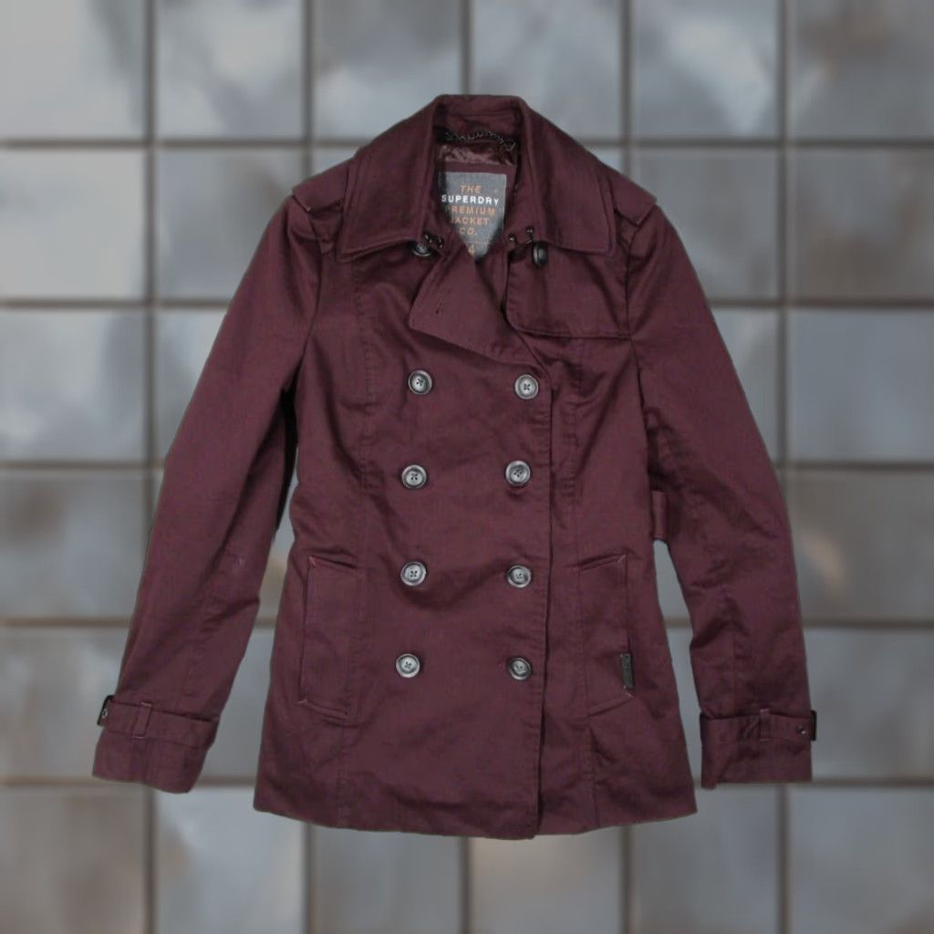 SUPERDRY Premium Jacket Women XS Red Button Up Belted Lined Short Coat