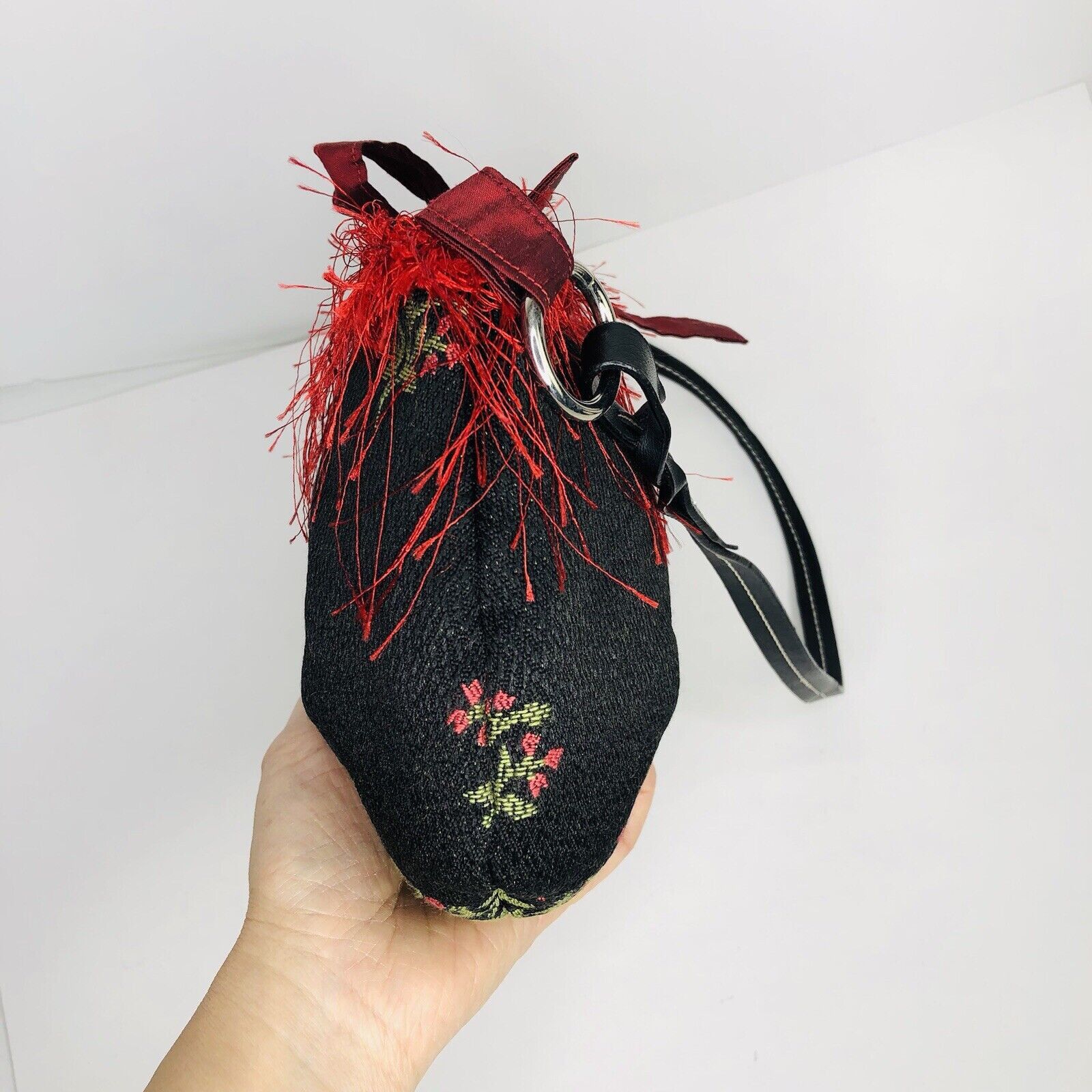 Other Vtg 80s AcScents Tapestry Black Floral Bag Red Fringe Size ONE SIZE - 7 Thumbnail