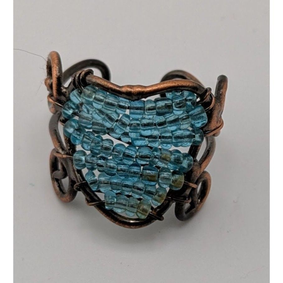 Handmade Handmade Copper Wire Wrapped Ring With Blue Glass Beads Adju Size ONE SIZE - 7 Thumbnail