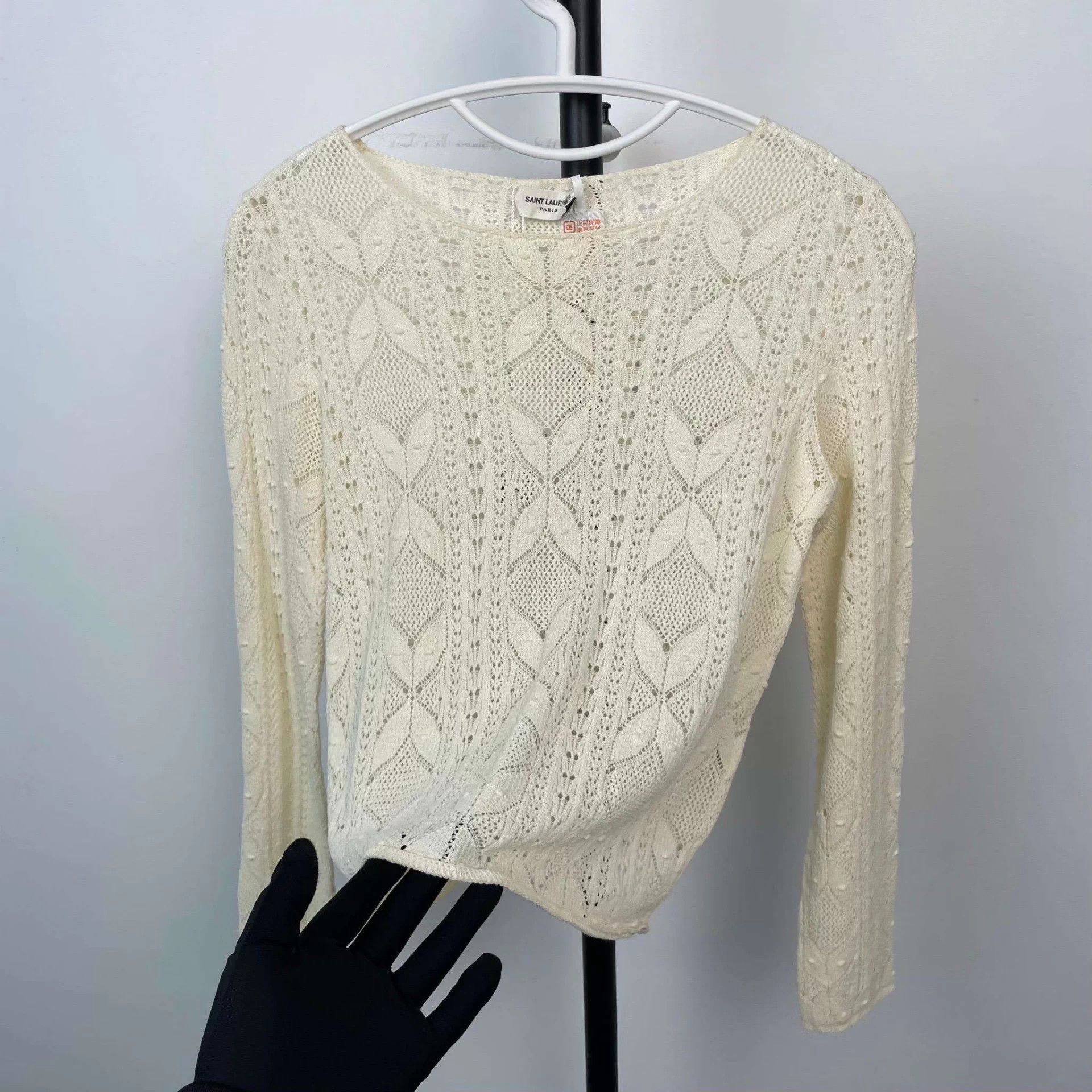 Saint Laurent Paris YSL Beige Lace Long Sleeve Top Size XS / US 0-2 / IT 36-38 - 7 Thumbnail