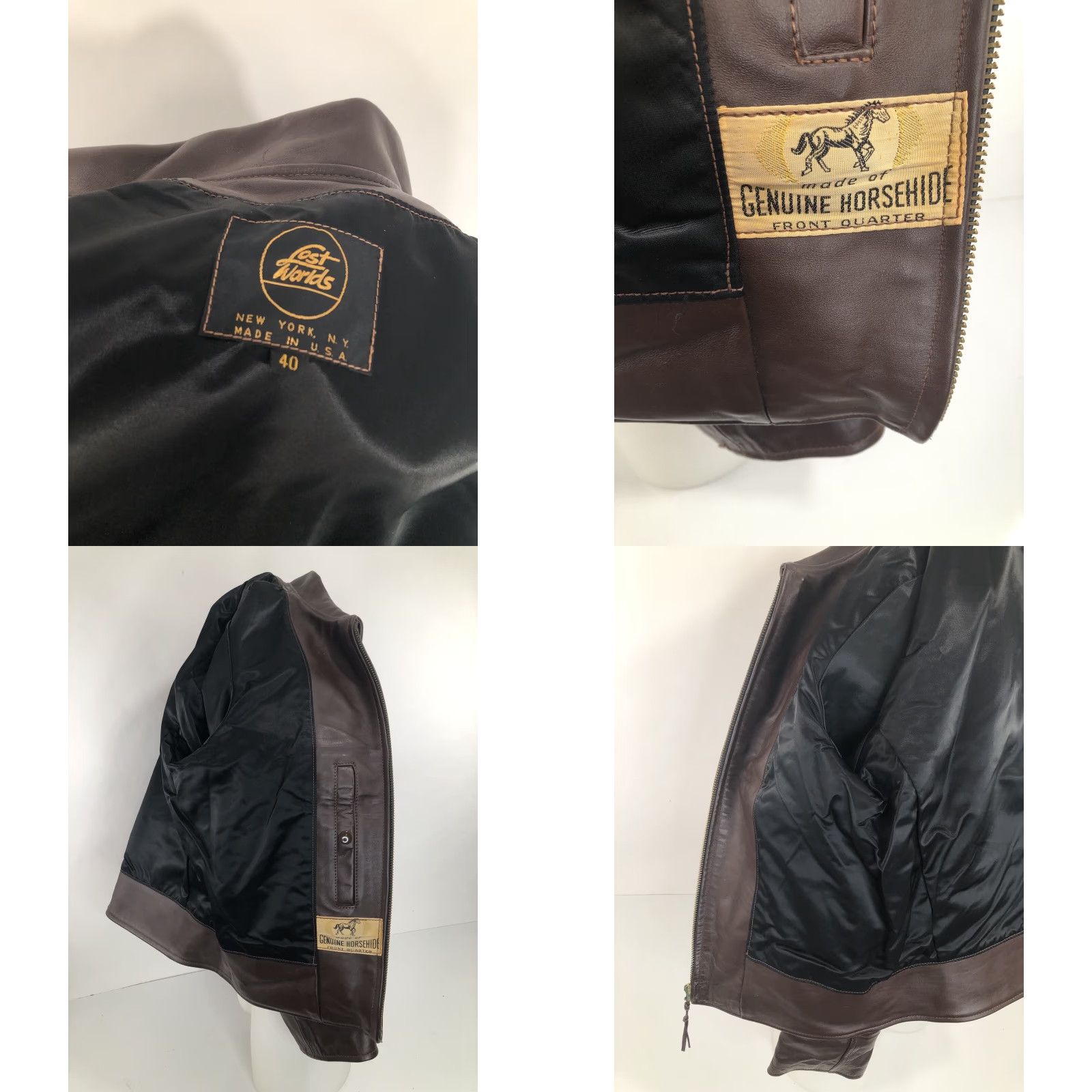 Vintage LOST WORLDS Bomber Jacket Mens 40 Leather Horsehide Brown Size US XXS / EU 40 - 8 Thumbnail