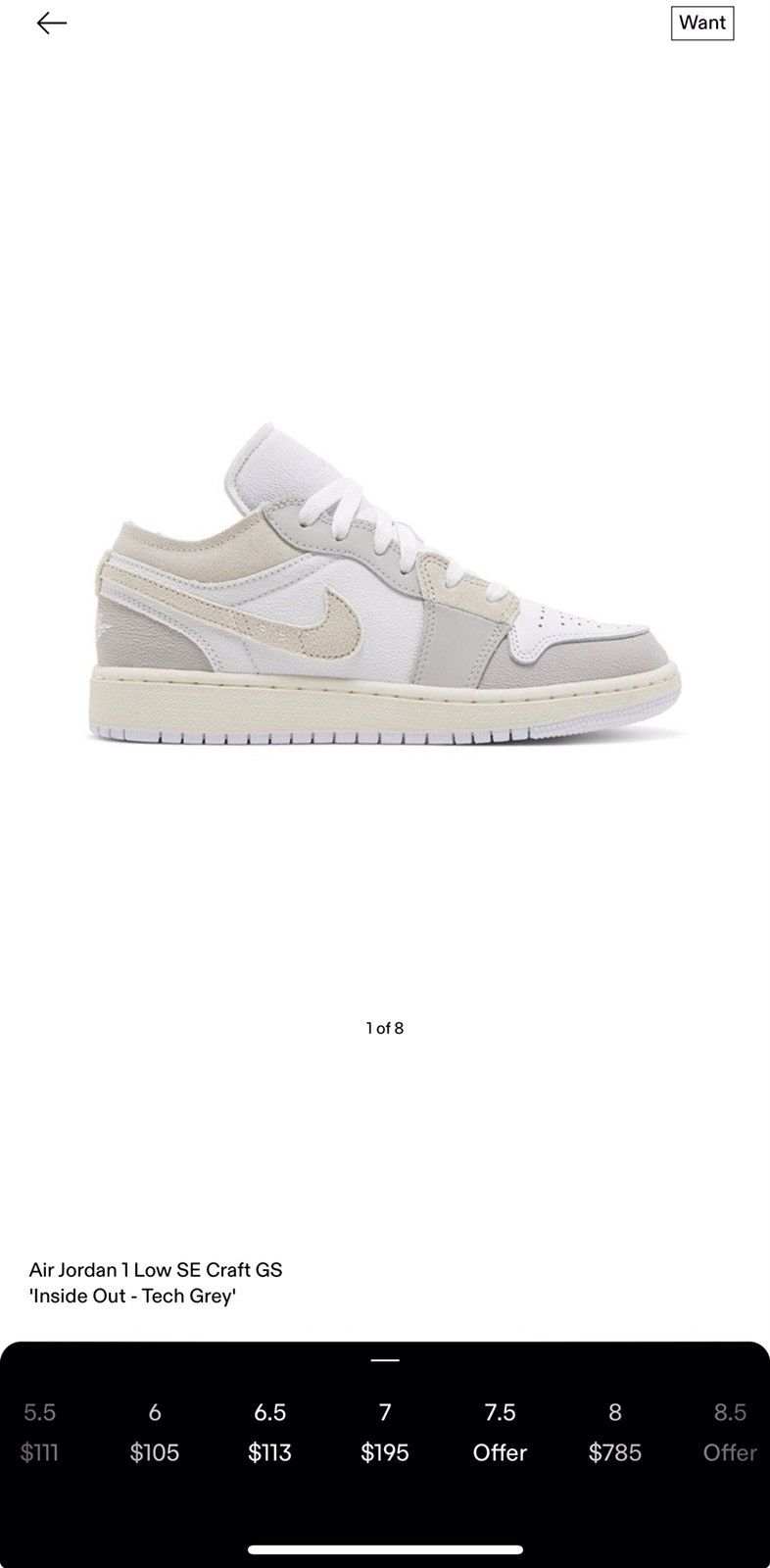 Jordan Brand Air Jordan 1 SE Craft Low Inside Out - Tech Grey 7Y / 8.5W Size US 7 / EU 40 - 9 Thumbnail