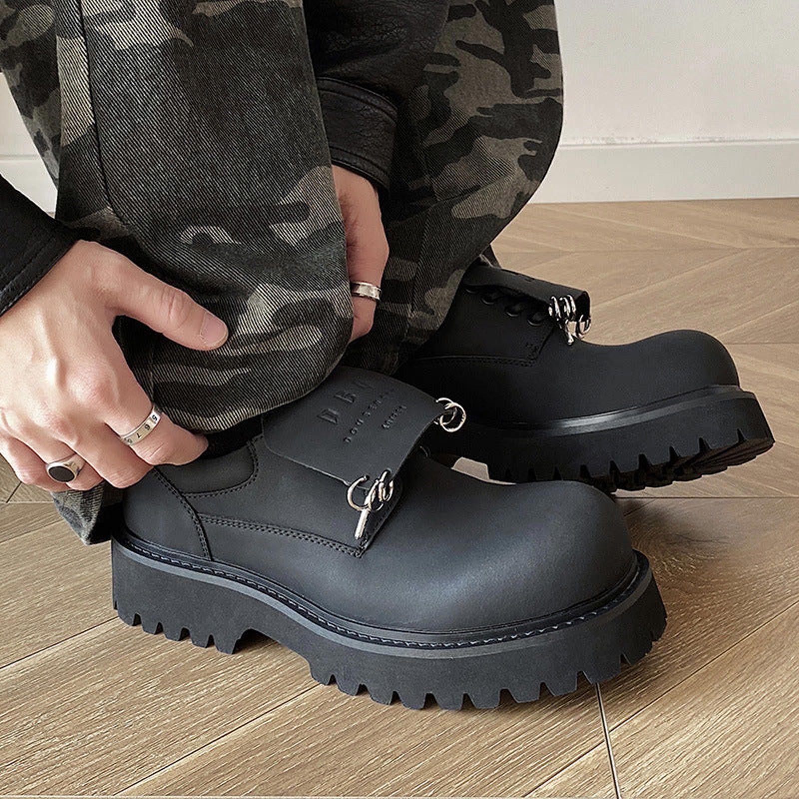 Japanese Brand Metal-Earring Derby Shoes | Matte Black Leather Shoes Size US 11 / EU 44 - 1 Thumbnail