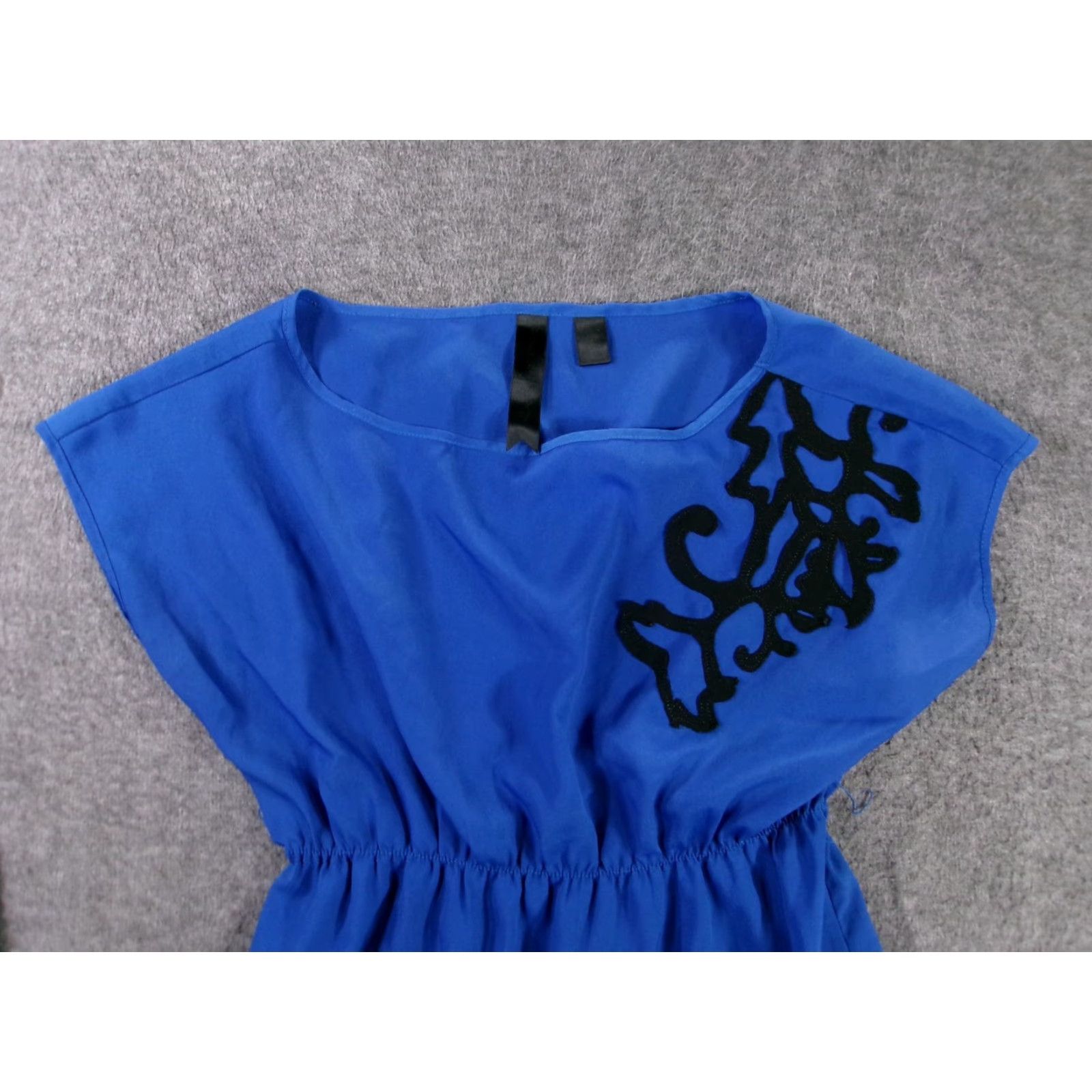 Vintage Womens Rayon Tunic Dress S Elastic Waist Belted Flocked Applique Royal Blue Size S / US 4 / IT 40 - 2 Thumbnail