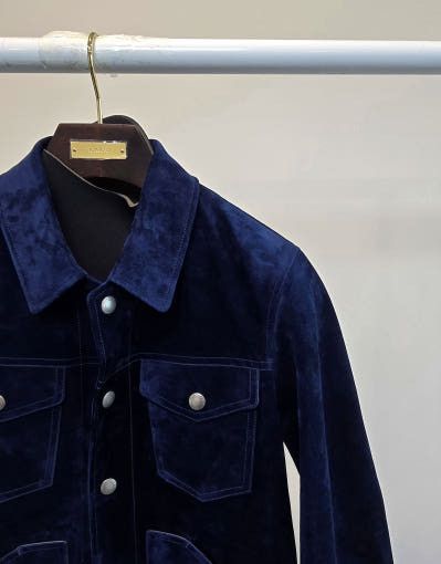 Tom Ford o1sm1stk0725 Cashmere Suede Trucker Jacket in Indigo Navy Size US XL / EU 56 / 4 - 2 Thumbnail
