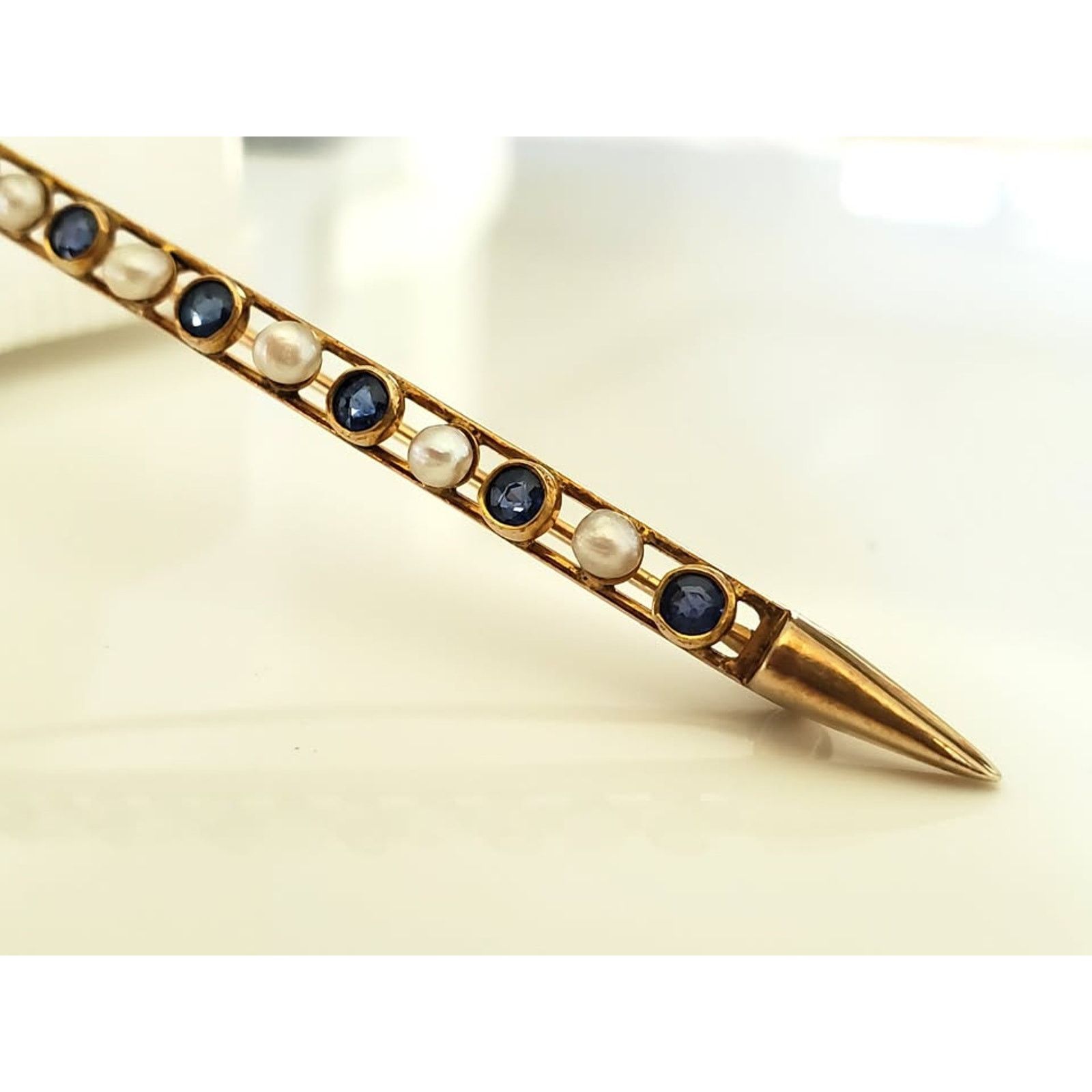 Other Antique Sapphire and Seeded Pearl Bar Pin 10K Solid Gold Size ONE SIZE - 5 Thumbnail