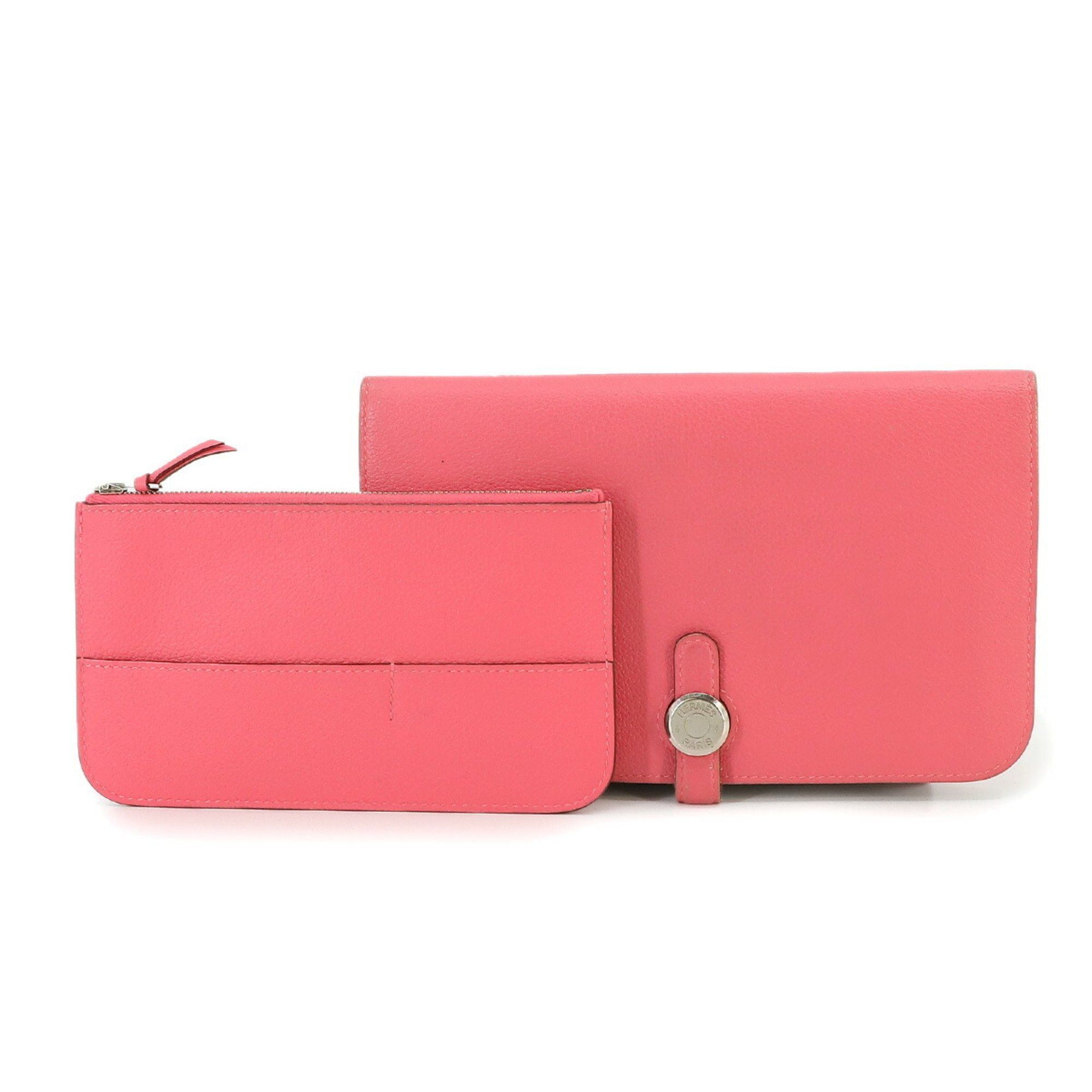 image of Hermes Dogon Gm Bi-Fold Long Wallet Evercolor Rose Azalee C Stamp Silver Metal Fittings, Women's