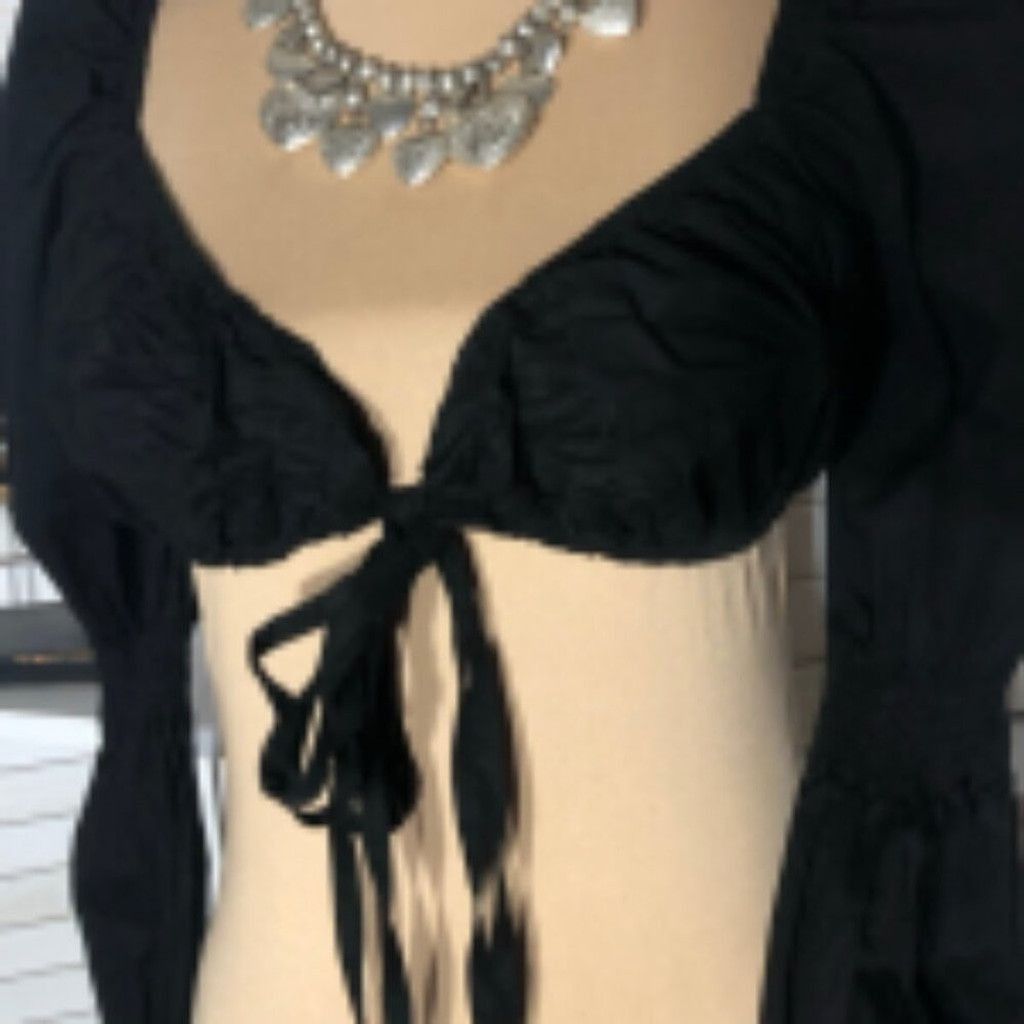 Vintage Boho Cropped Top Tie Front Ruched Puff Long Sleeve Black L Size L / US 10 / IT 46 - 5 Thumbnail