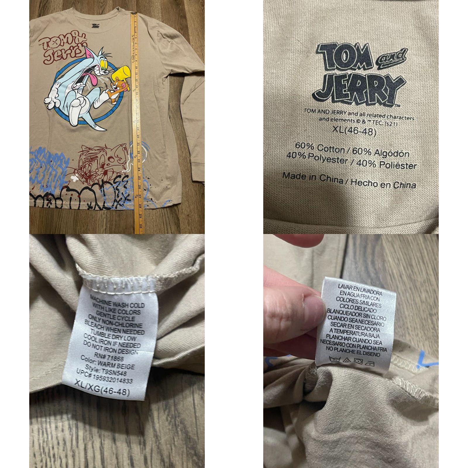 Vintage Tom and Jerry Shirt Men's XL Brown Long Sleeve Graphic Print T-Shirt Crew Neck Size US XL / EU 56 / 4 - 8 Thumbnail
