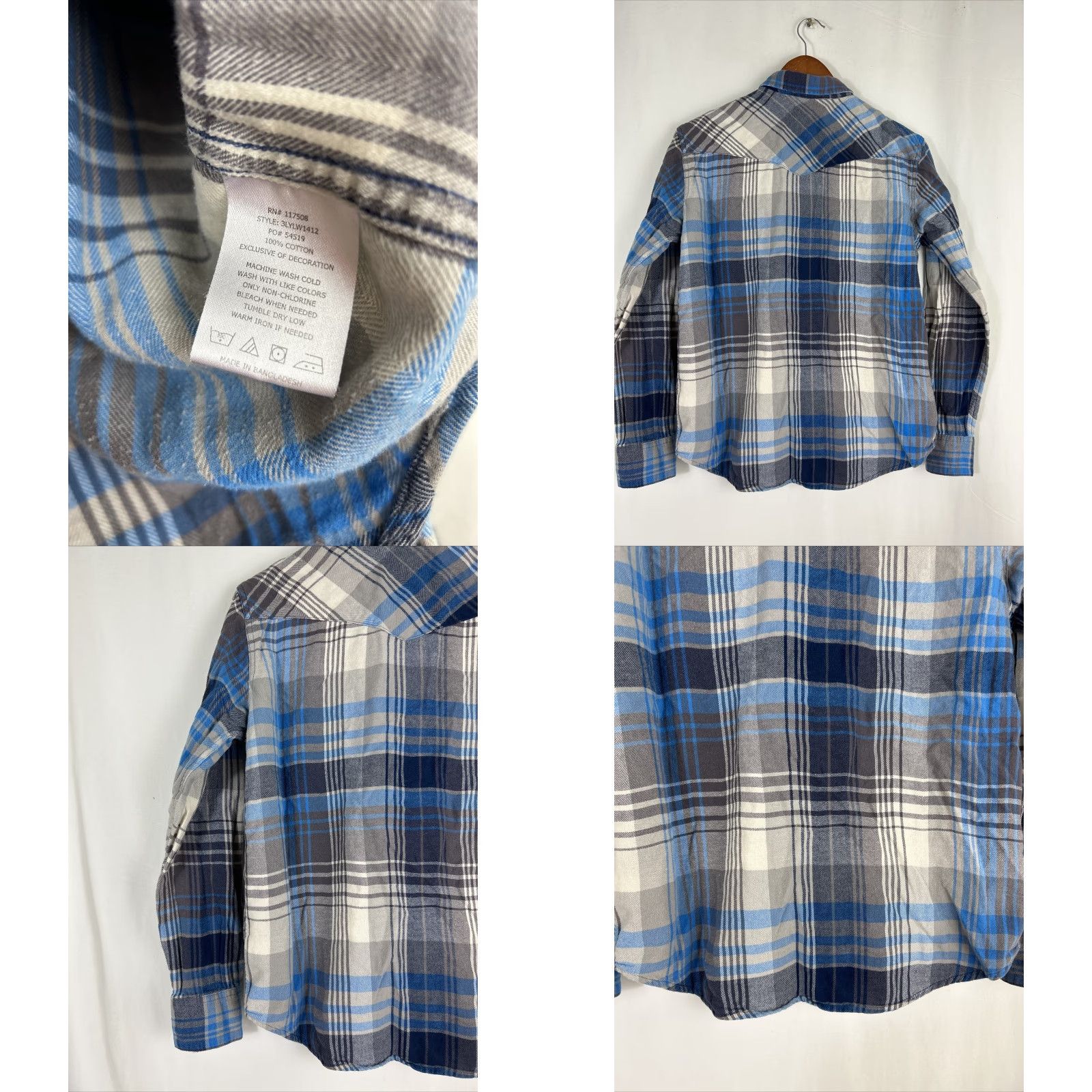 Levi's VINTAGE Levis Shirt Plaid Long Sleeve Pearl Snap Button-Up Gray Blue Mens S Short Details: Chest 21", Length 26", Sleeves 20" Size US S / EU 44-46 / 1 - 8 Thumbnail