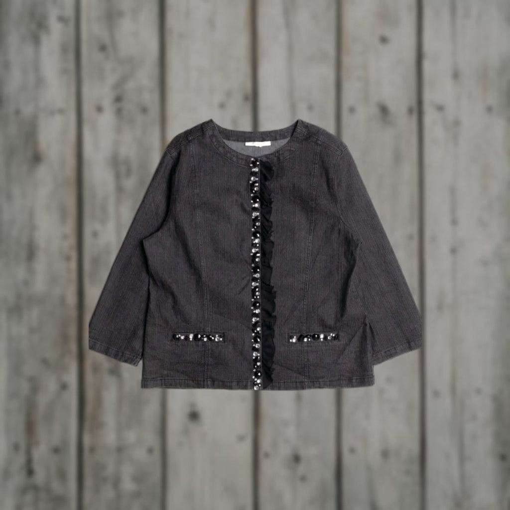 JM Collection VINTAGE JM Collection Black Denim Jacket Large Sequin Trim Ruffle Detail Jacket Mens Girls Womens Size US L / EU 52-54 / 3 - 1 Thumbnail