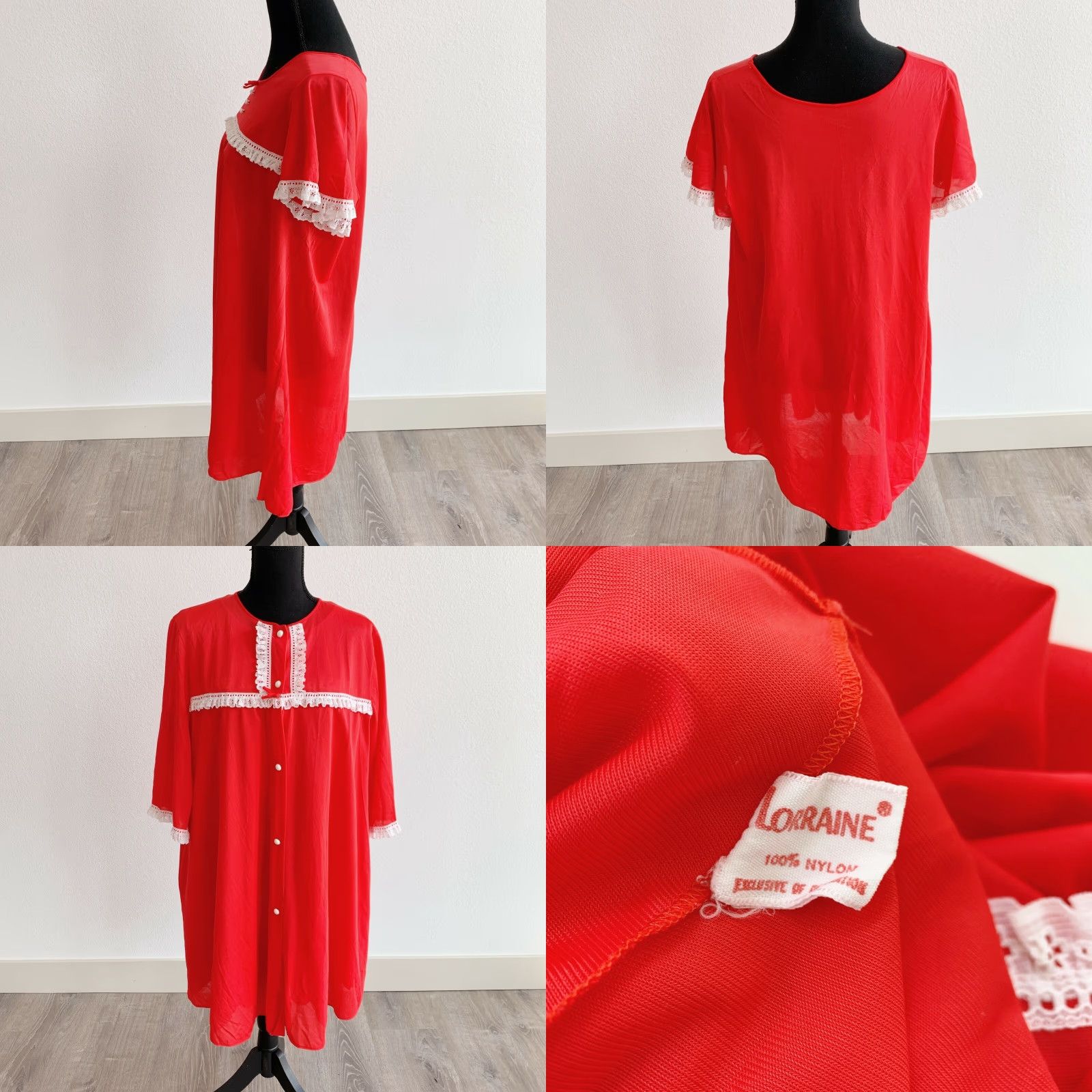 Vintage VINTAGE Lorraine Red White Nylon Lace Nightie Nightgown Robe Set Size Large Ladies Nightgown Set Nylon Lace GoGo 1960s Red Lorraine Mens? Size ONE SIZE - 8 Thumbnail