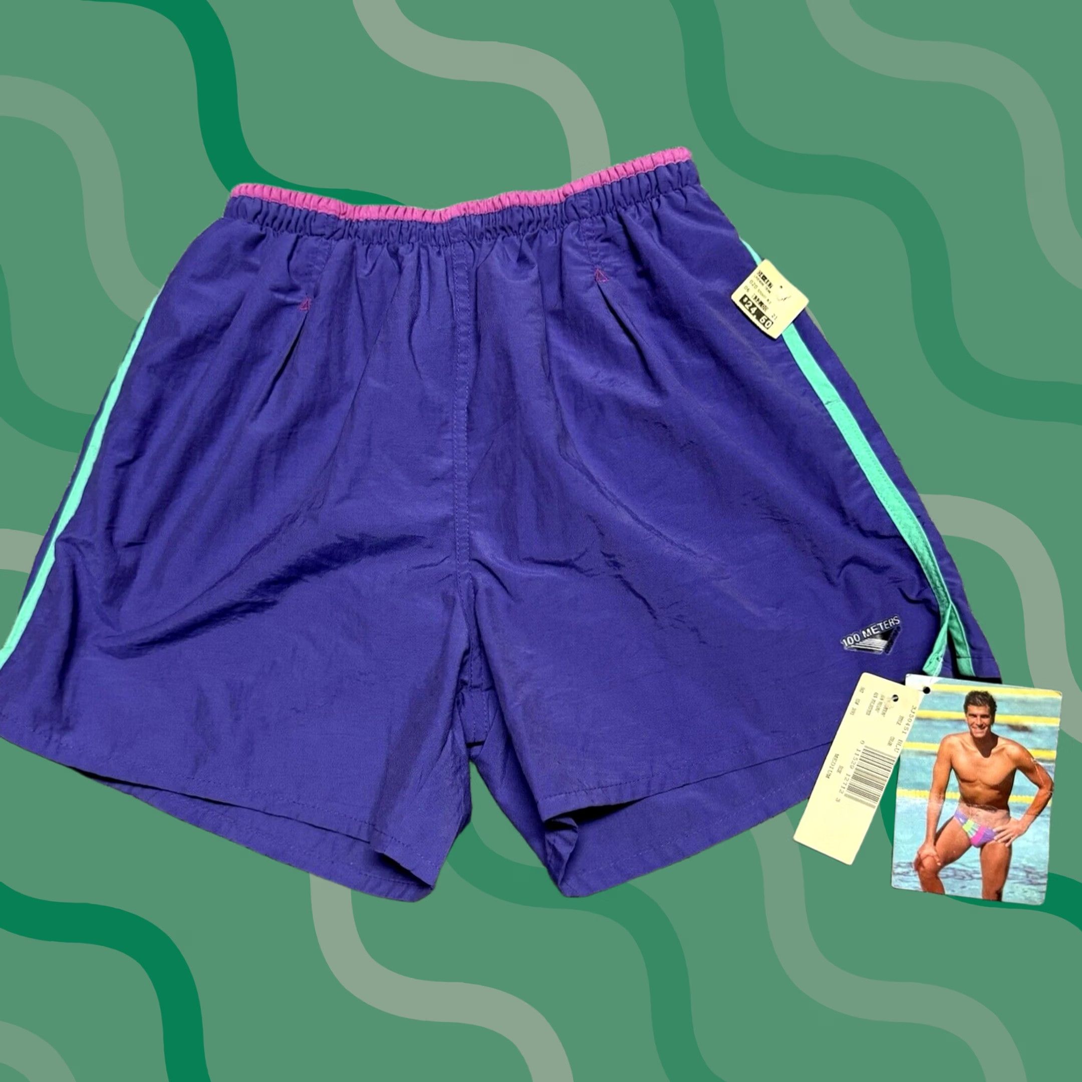 Catalina VINTAGE Catalina Men Trunks Bottom M Blue 100 Meters 80s NWT Deadstock Swim Trunks Beach 80s Mens Size US 31 - 1 Thumbnail