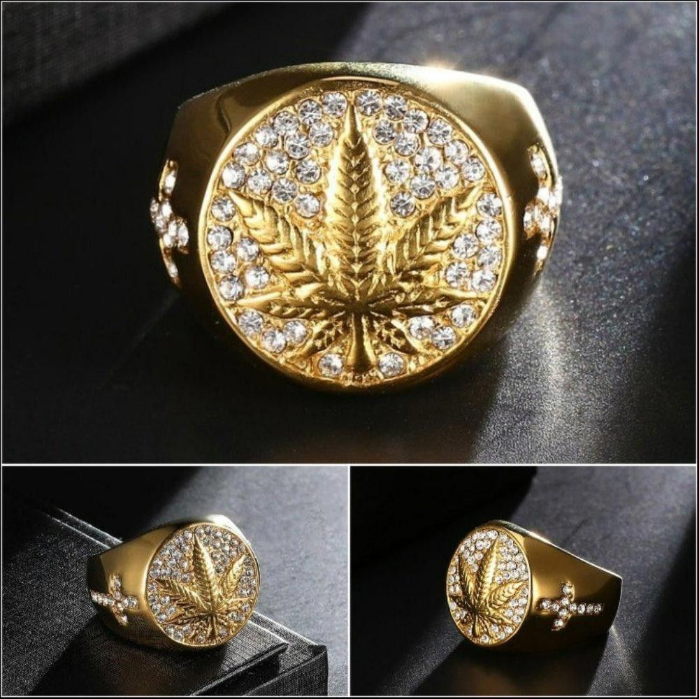 Designer Round Cross Maple Leaf Gold Signet Ring - Size 7 Size ONE SIZE - 10 Thumbnail
