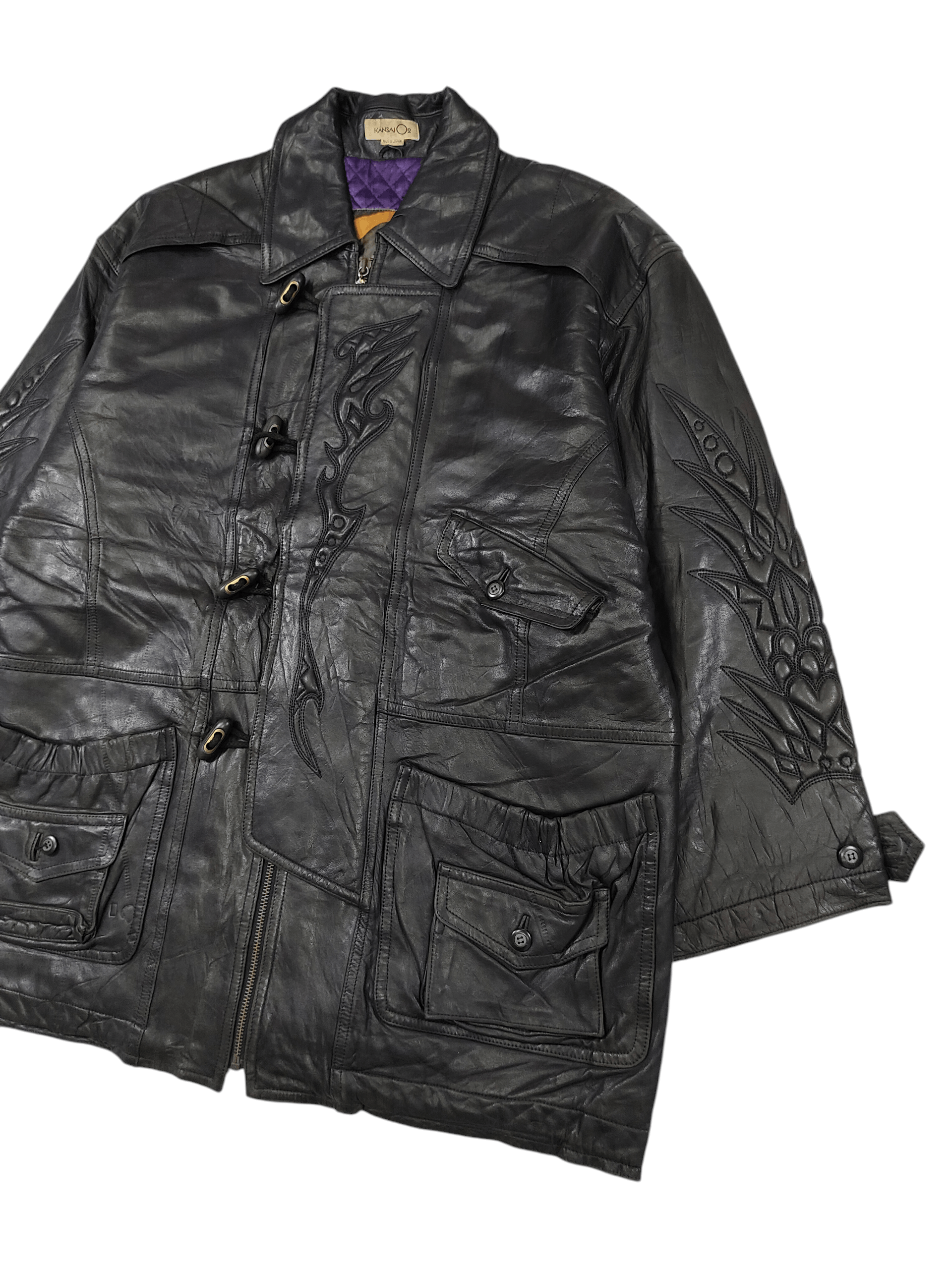 Kansai Yamamoto ARCHIVE📕80s Kansai O2 Tribal Embossed Leather Jacket Size US L / EU 52-54 / 3 - 2 Thumbnail