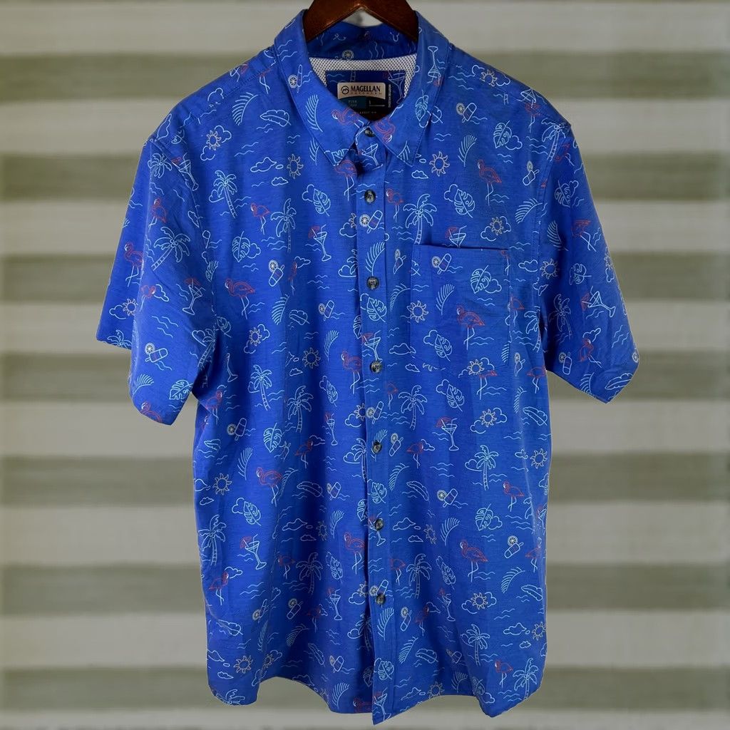 Vintage Magellan Outdoors Fish Gear Button-Up Shirt Mens Large Blue Tropical Flamingo Pattern Hawaiian Tropical Shirt Size US L / EU 52-54 / 3 - 1 Thumbnail