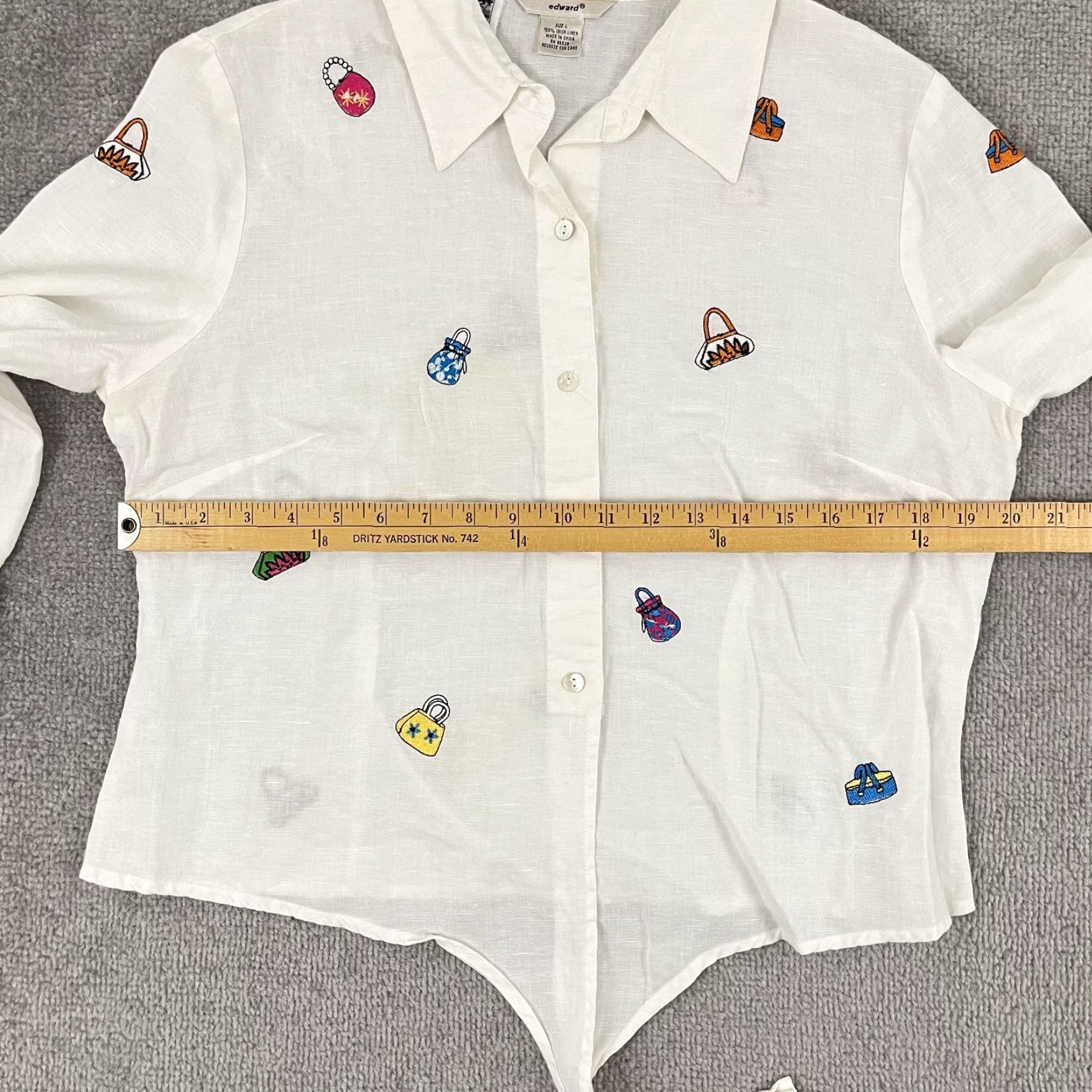 Vintage Edward Shirt Womens Large White 100% Irish Linen Tie Front Embroidered Pursed Bag Casual Shirt Womens L White Embroidered Linen Tie Front Edward Shirt Size L / US 10 / IT 46 - 5 Thumbnail