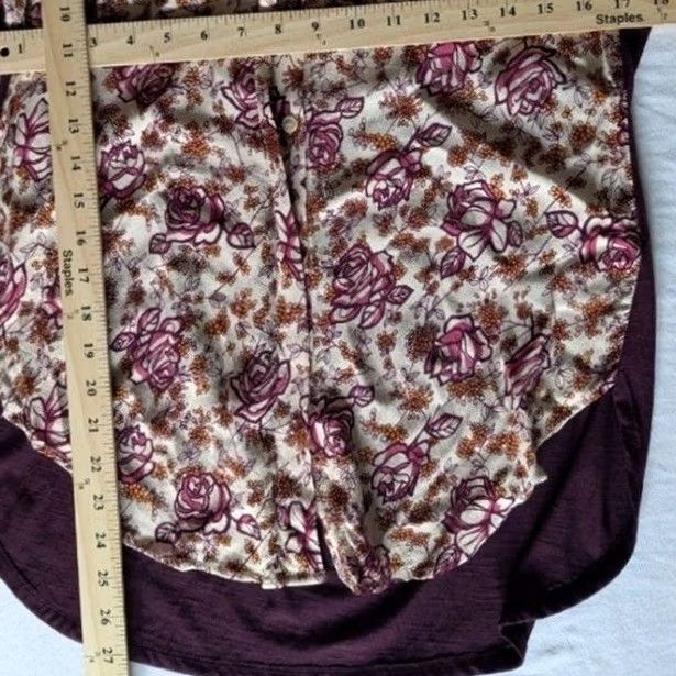 Vintage Porridge Floral Mixed Media Shirt Womens M Plum Purple Short Sleeve Button Up Size M / US 6-8 / IT 42-44 - 3 Thumbnail