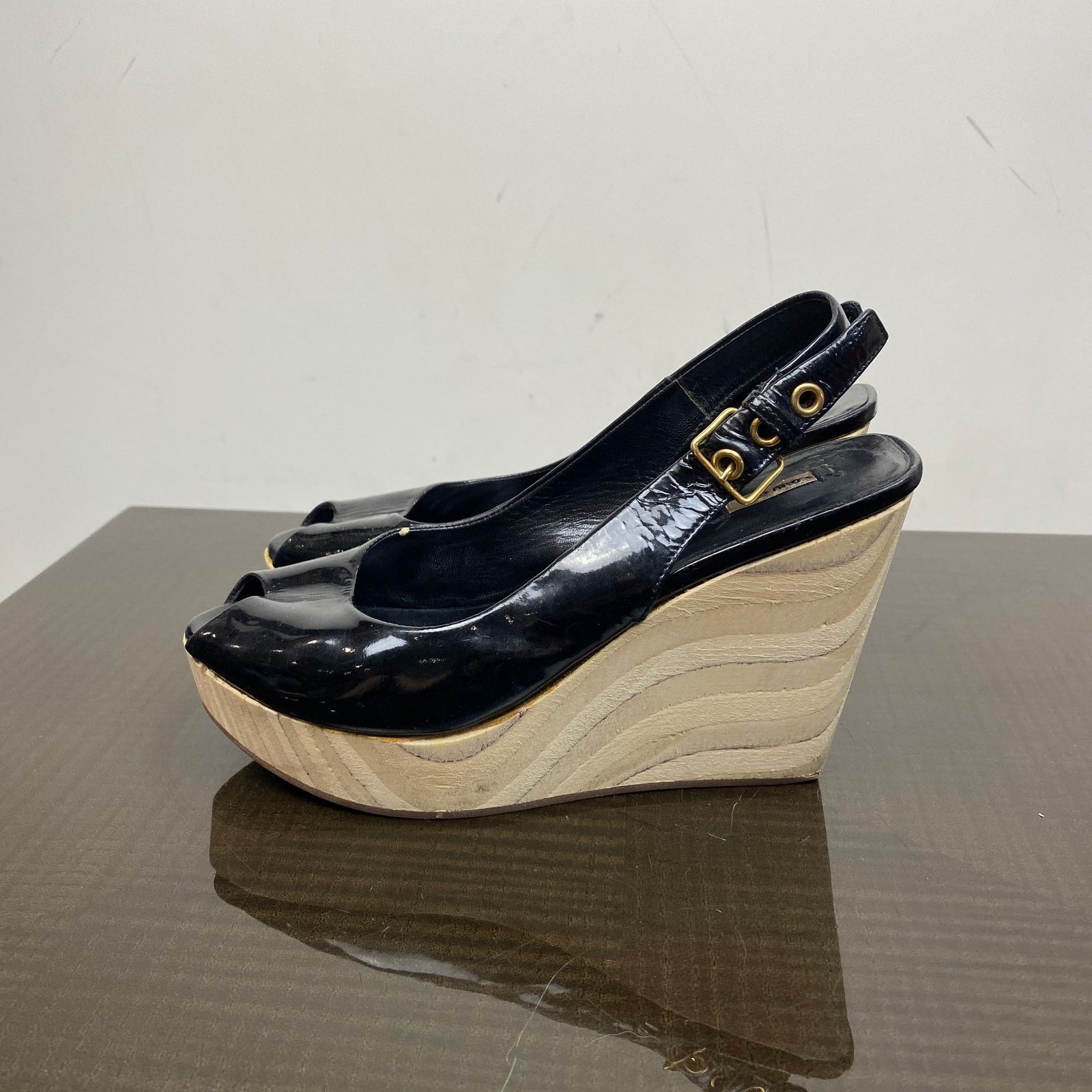 Miu Miu Miu Miu Patent Leather Peep Toe Wedge Heels Slingback 35 Size US 5 / IT 35 - 5 Thumbnail