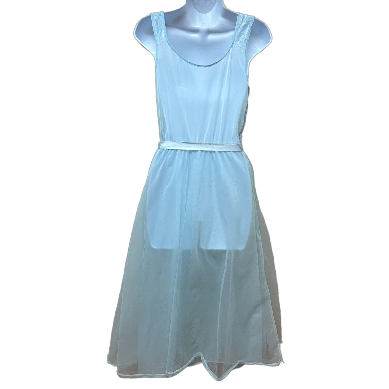 Vintage VINTAGE Nightgown Nylon Tricot Lace Double Layer Sheer Chiffon Overlay Size 38 Blue Size ONE SIZE - 1 Thumbnail