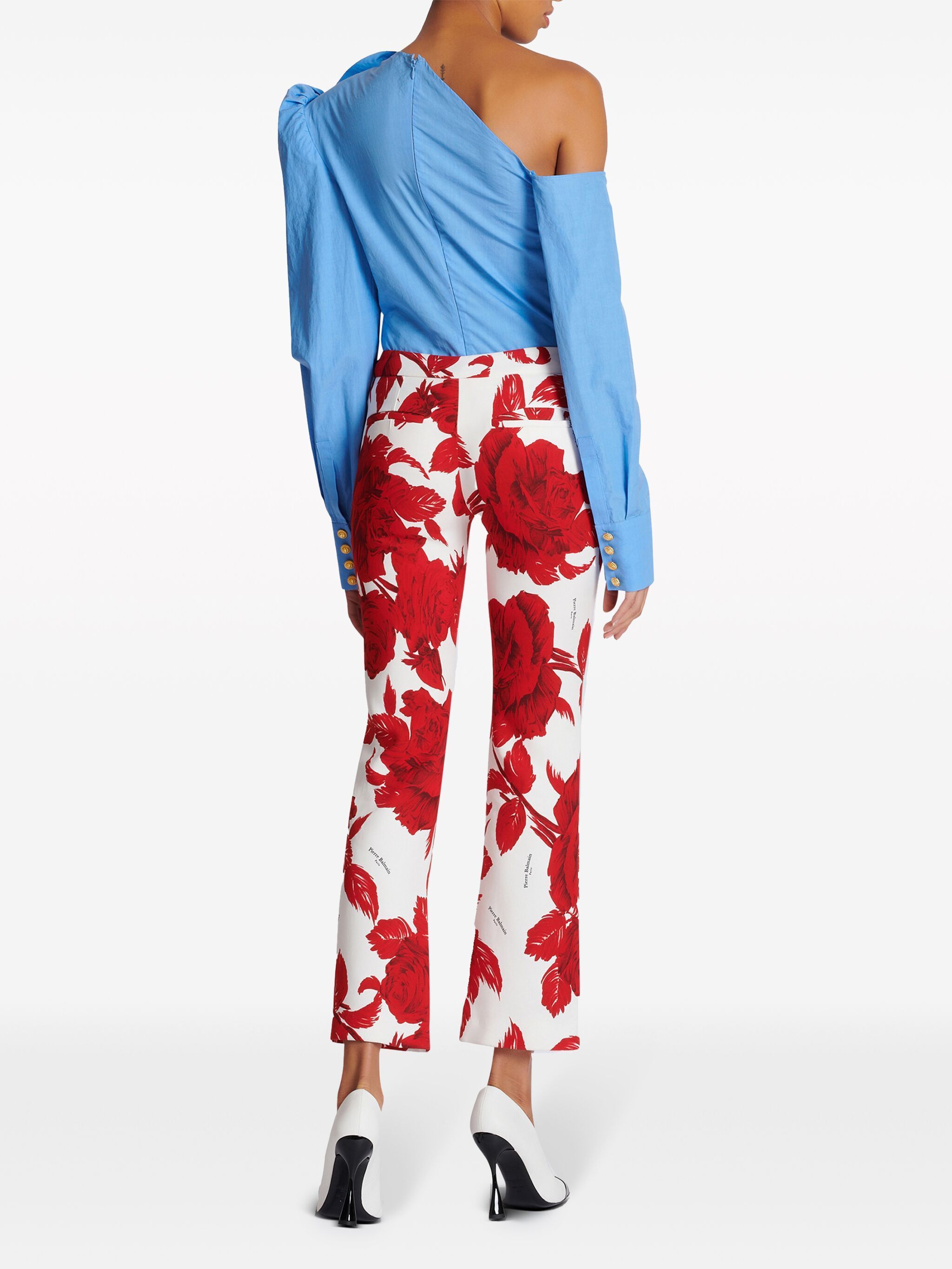 Balmain o1s1wg110125 Rose-Print Flared Trouser in White Red Size 30" / US 8 / IT 44 - 5 Thumbnail