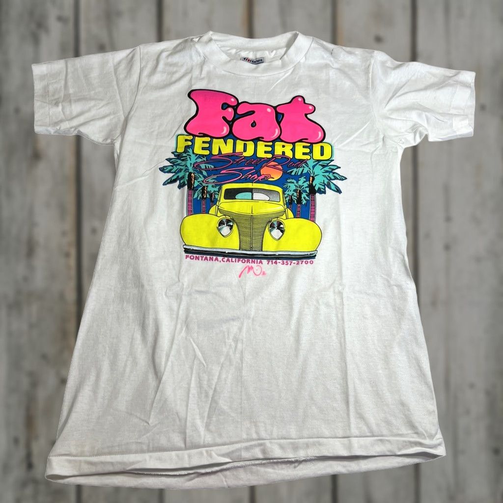 Hanes VINTAGE 1990 Fat Fendered Street Rod Shop T Shirt Small Fontana CA Single Stitch Neon Hanes Mens S White Graphic Tee Mod/GoGo Size US S / EU 44-46 / 1 - 1 Thumbnail