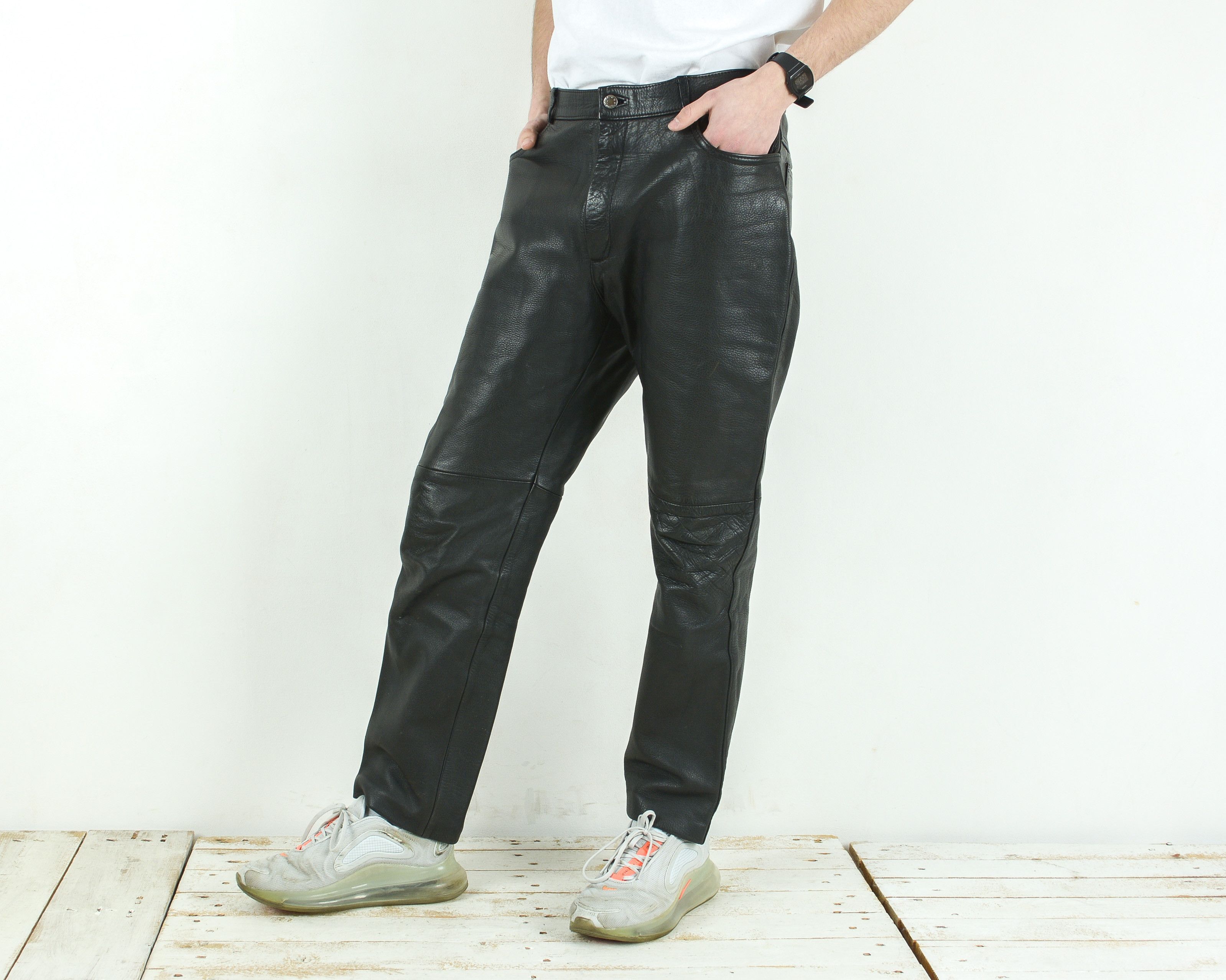 Leather × Other × Vintage W34 L30 Real Leather Pants Grunge Trousers Biker Moto Rocker Size US 34 / EU 50 - 3 Thumbnail