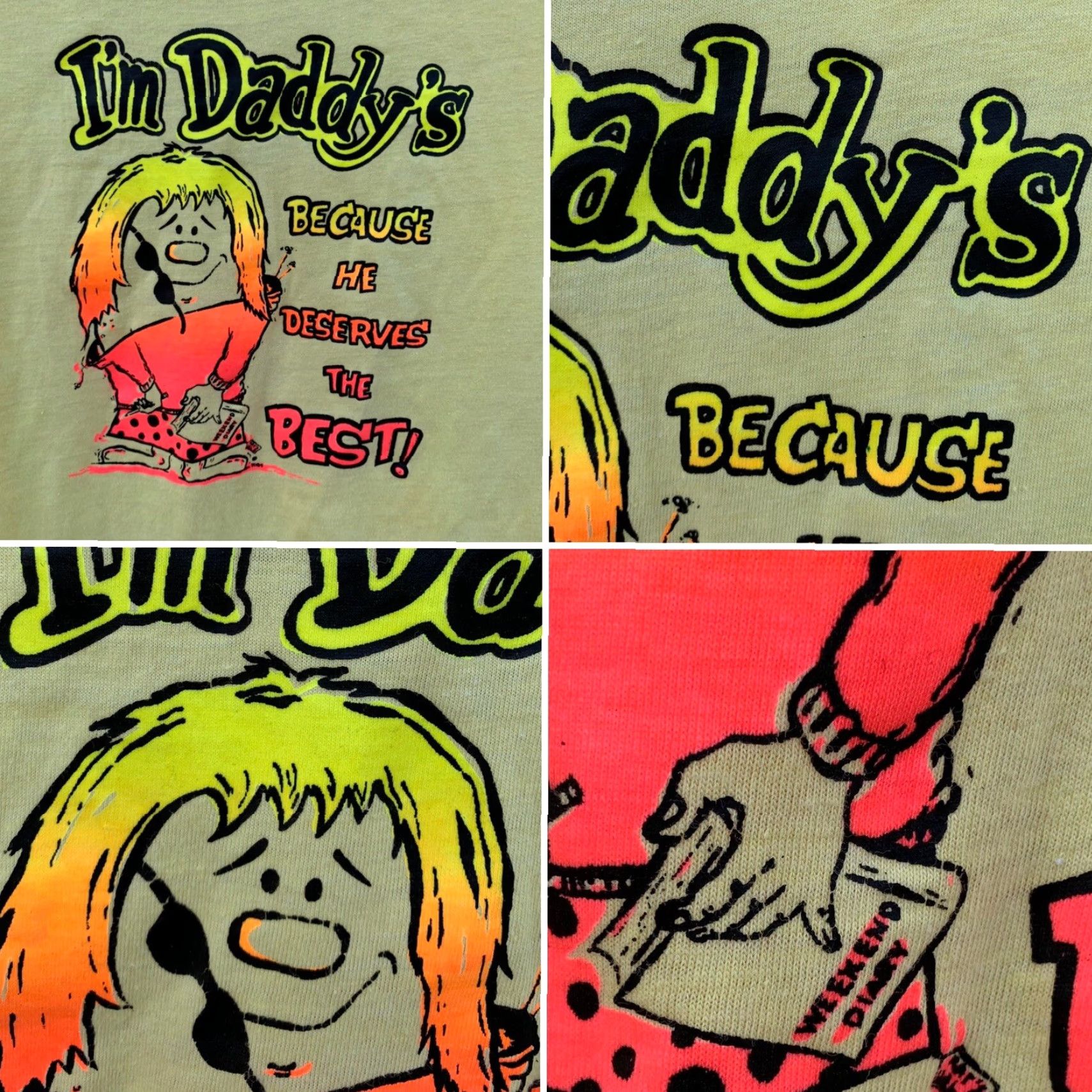 Fruit Of The Loom VINTAGE Im Daddys Because He Deserves The Best iron on graphics t shirt 1970s L Fruit of the Loom Yellow Neon graphic tee Mens Womens Boys Girls 1970s Size US L / EU 52-54 / 3 - 6 Thumbnail
