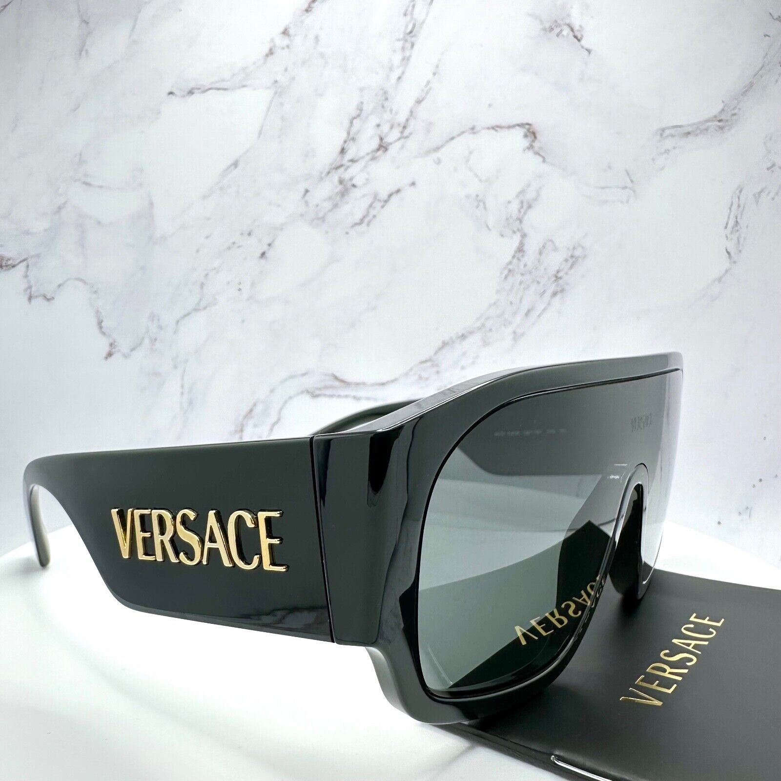 Versace New VERSACE Sunglasses Black Aviator Wrap Shield Runway Gold Size ONE SIZE - 19 Thumbnail