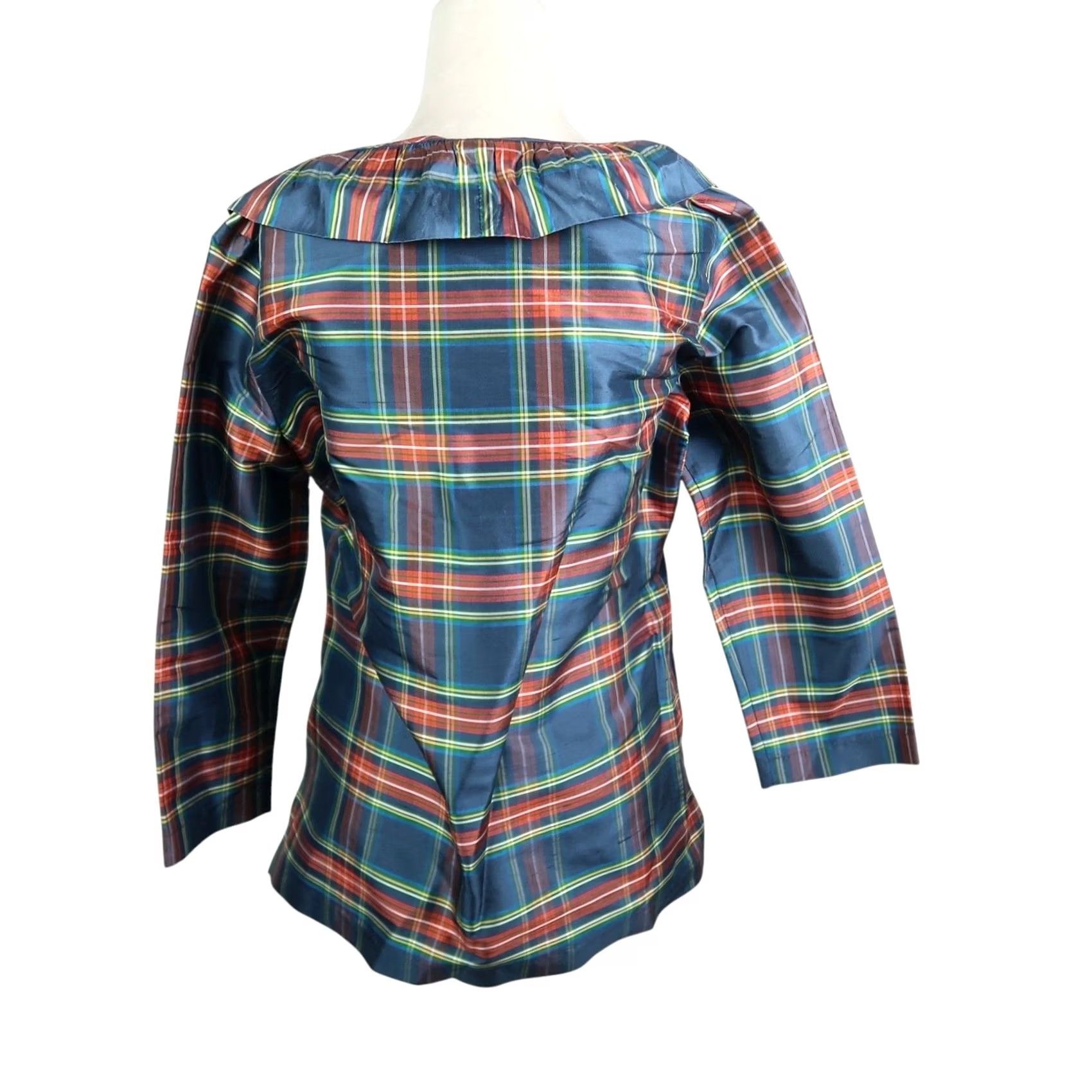 Vintage Devon Baer Stewart Plaid Silk Taffeta Ruffle Top M Navy Blue Women Size M / US 6-8 / IT 42-44 - 4 Thumbnail
