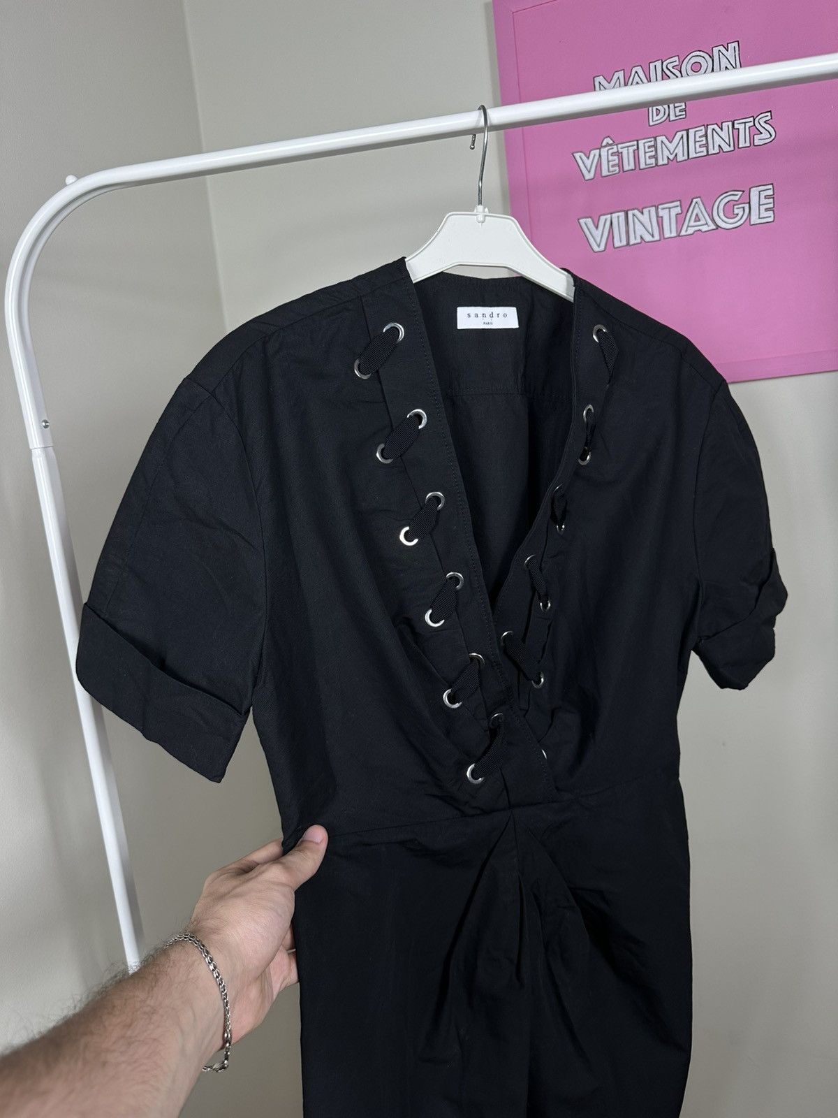 Sandro Sandro Paris Clara Lace-Up Mini Dress V-Neck Pleated Size S / US 4 / IT 40 - 11 Thumbnail